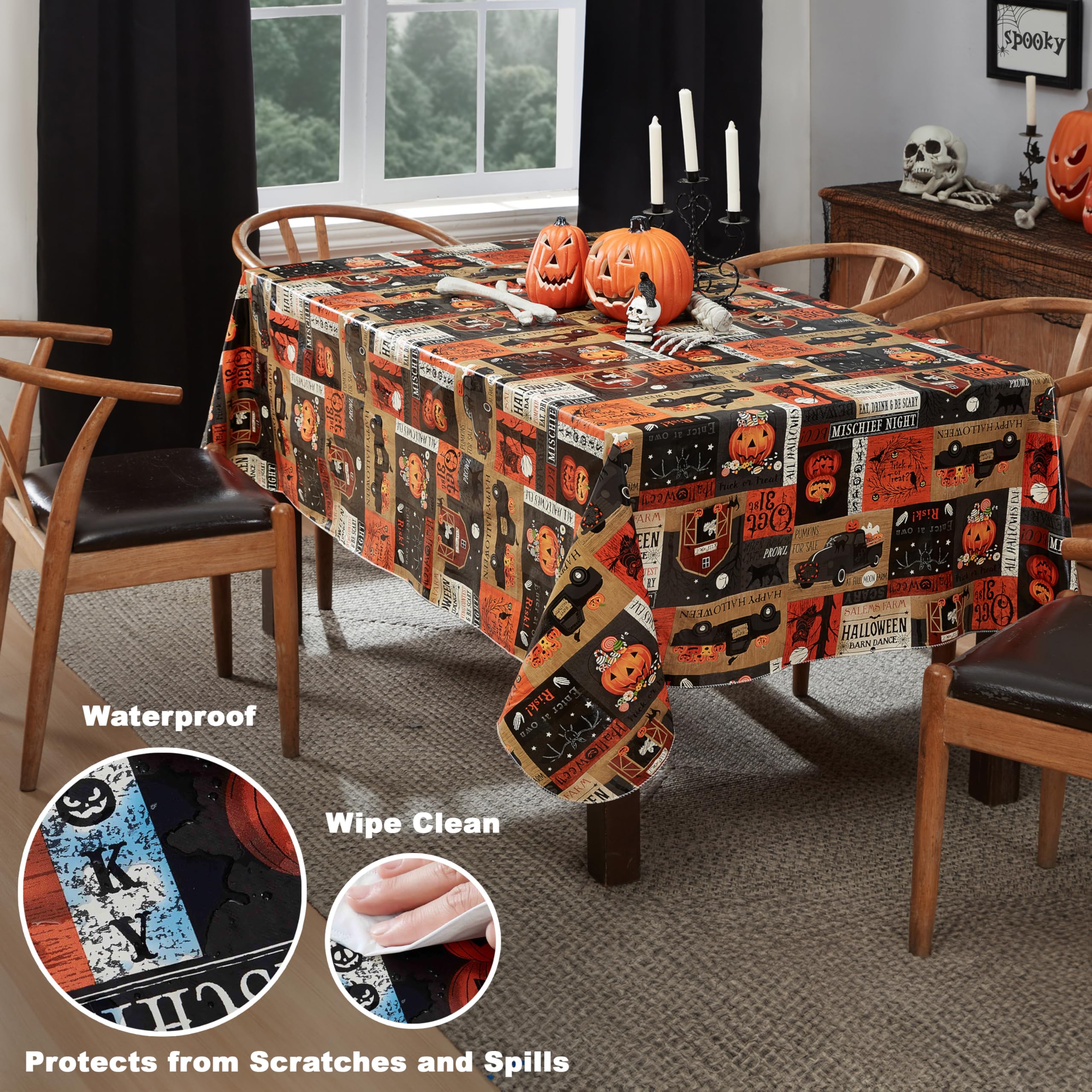 Newbridge Halloween Rustic Spooky Farm 60 x 102 Inch Rectangle Vinyl Tablecloth with Flannel Backing