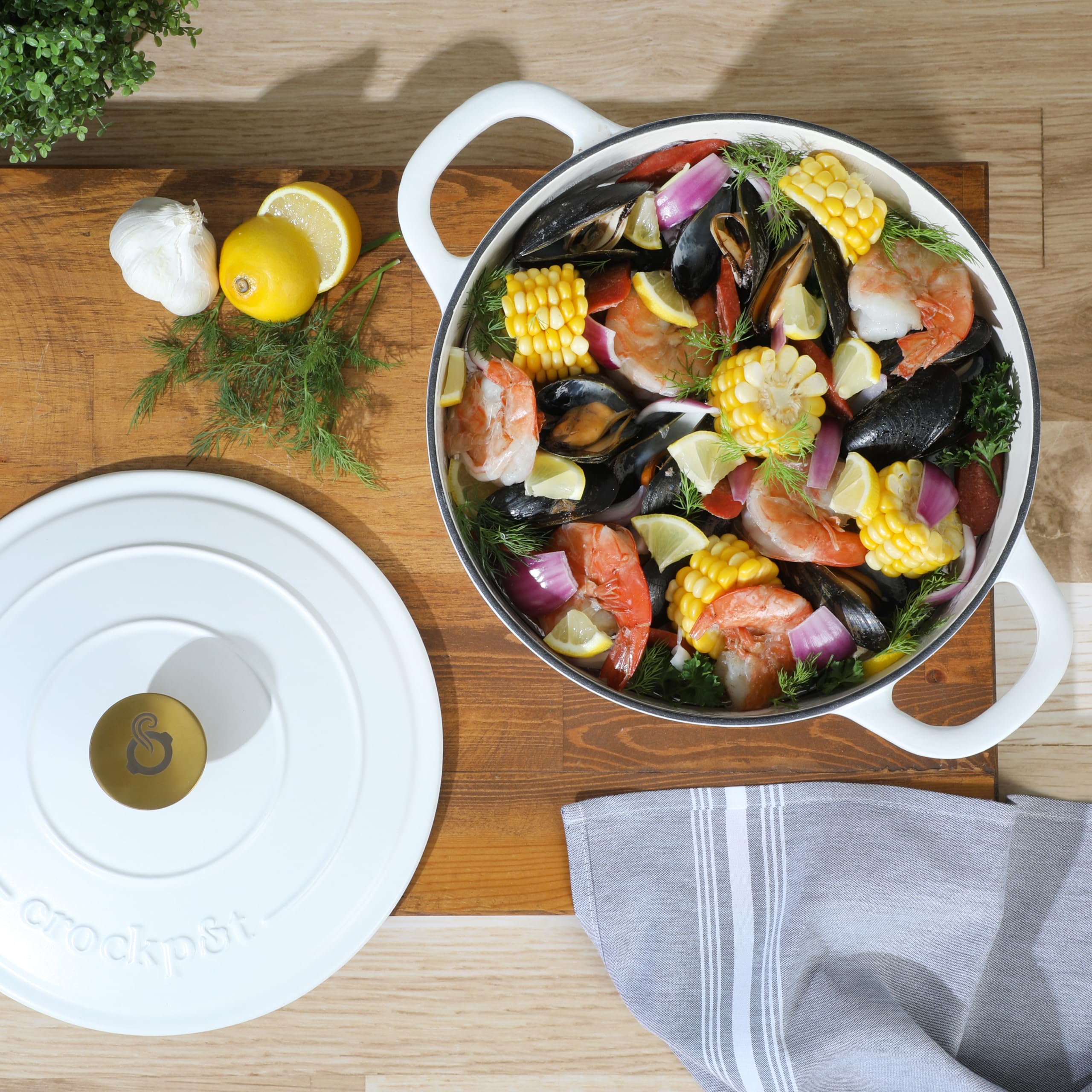 Crock Pot Artisan 6-Quart Round European Enameled Dutch Oven Pot With Lid - Matte Linen White W/Gold Knob