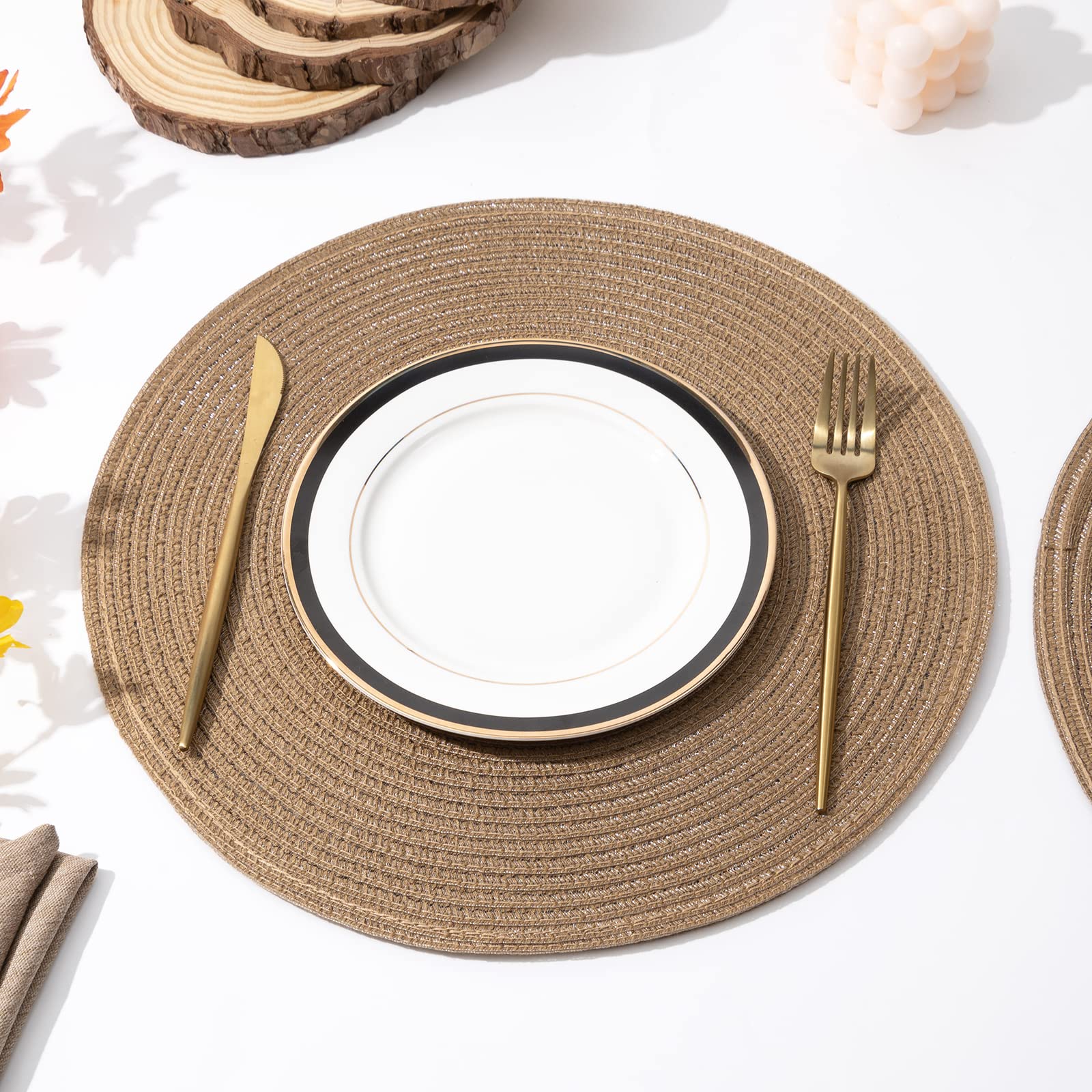 Shacos Round Braided Placemats Set Of 8 Washable 15 Inch Round Table Mats Woven Place Mats For Dining Table (Brown, 8)