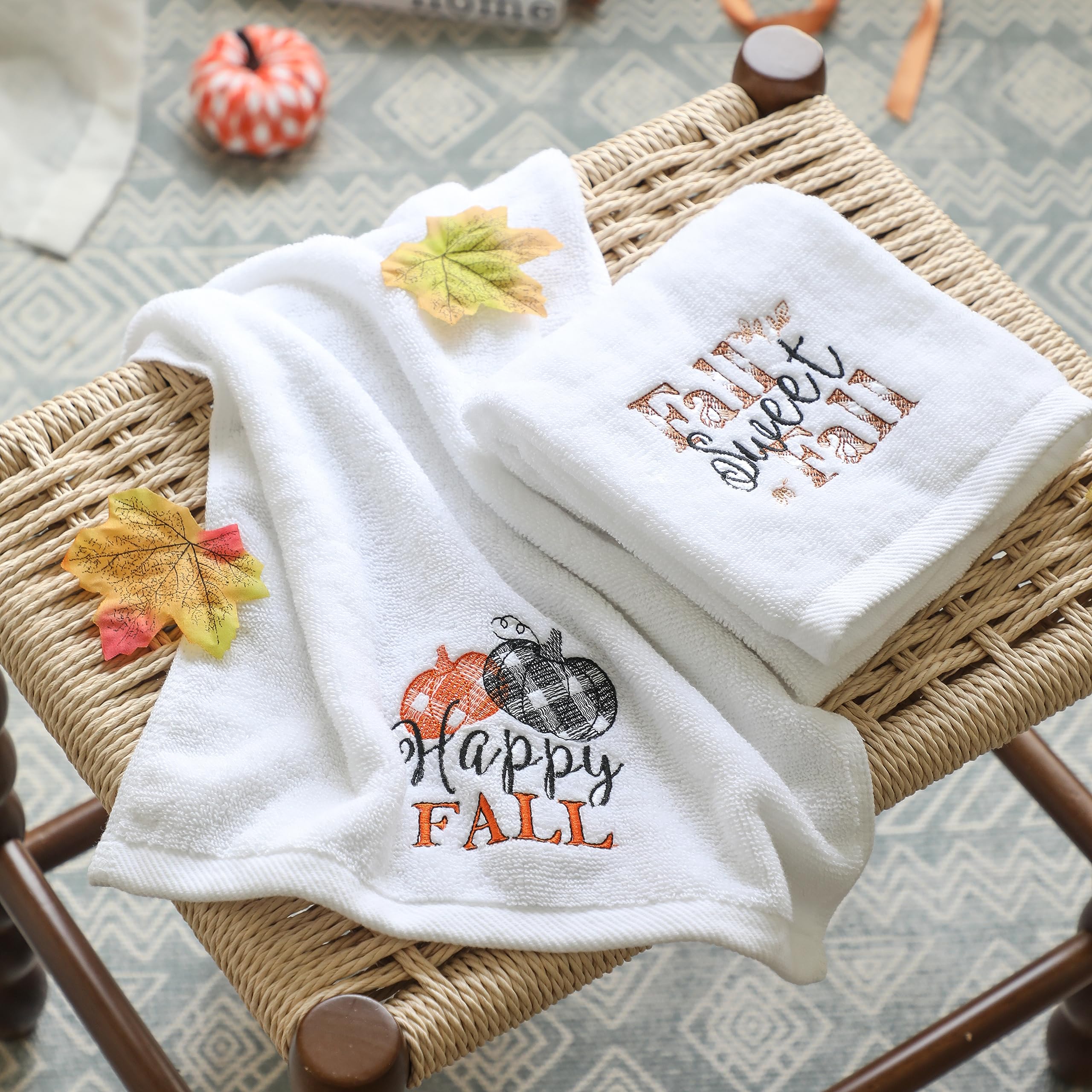 Newlighture Fall Hand Towels Set Of 2 - 100% Cotton Embroidered Pumpkin Decorative Kitchen And Bathroom Dish Towels, Thanksgivin