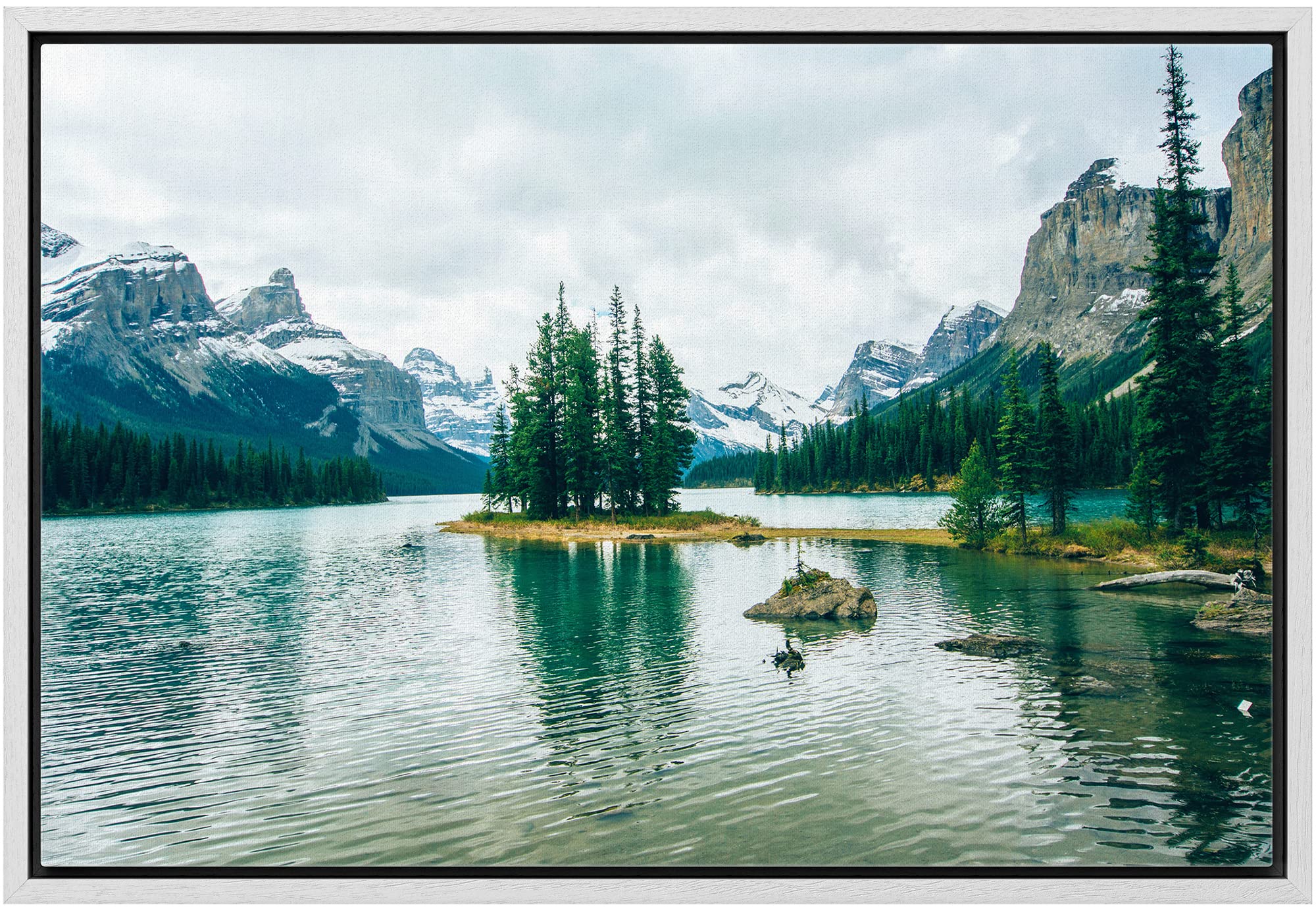 Wall26 Framed Canvas Print Wall Art Winter Pine Tree Forest Mountain Lake Nature Wilderness Photography Realism Earth Scenery Ru