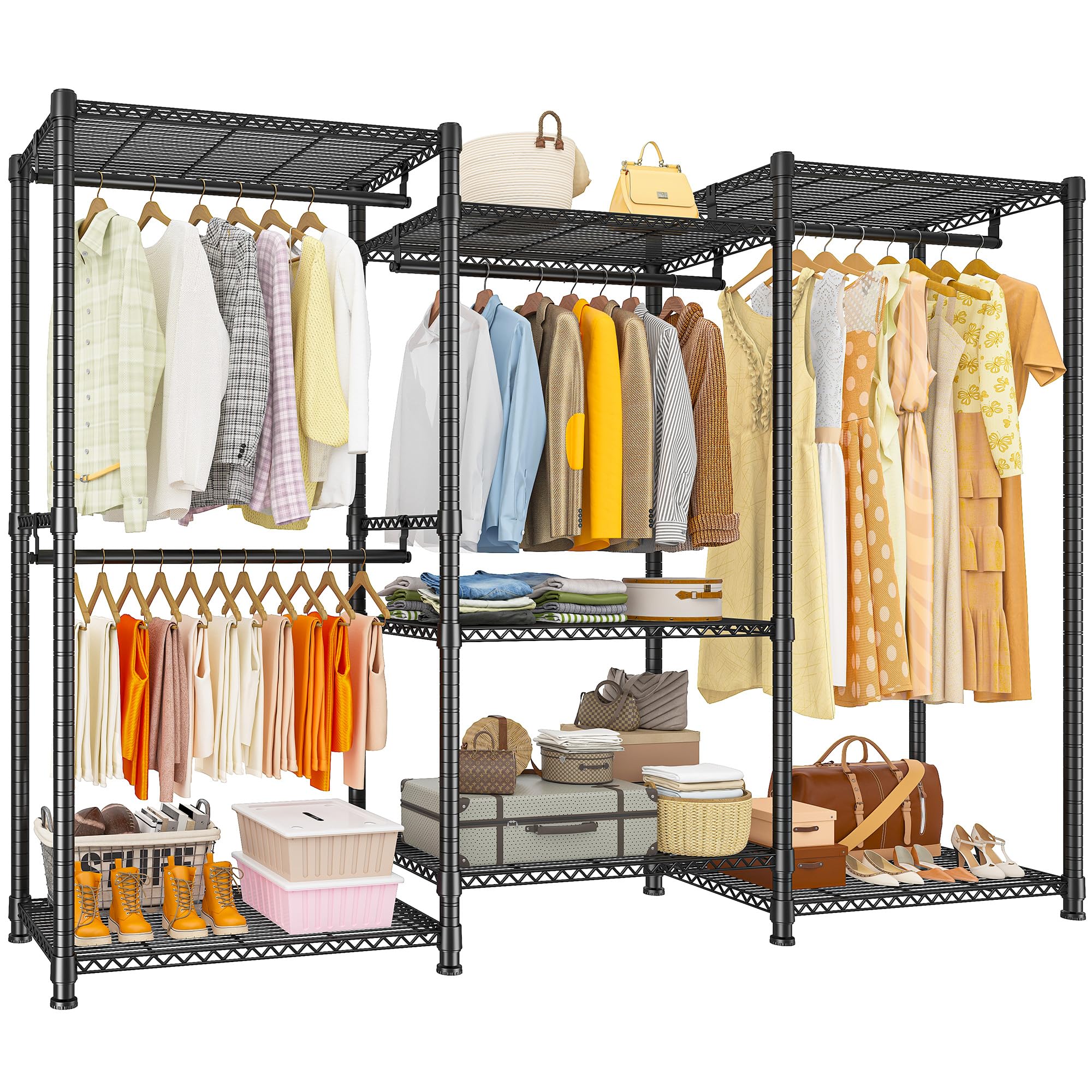 Raybee Clothes Rack Heavy Duty Clothing Rack Load 830Lbs Clothing Racks for Hanging Clothes Metal Garment Rack Portable Clothes Rack Heavy Duty Freestanding Closet Wardrobe 77'' H x69 W x16 D Black