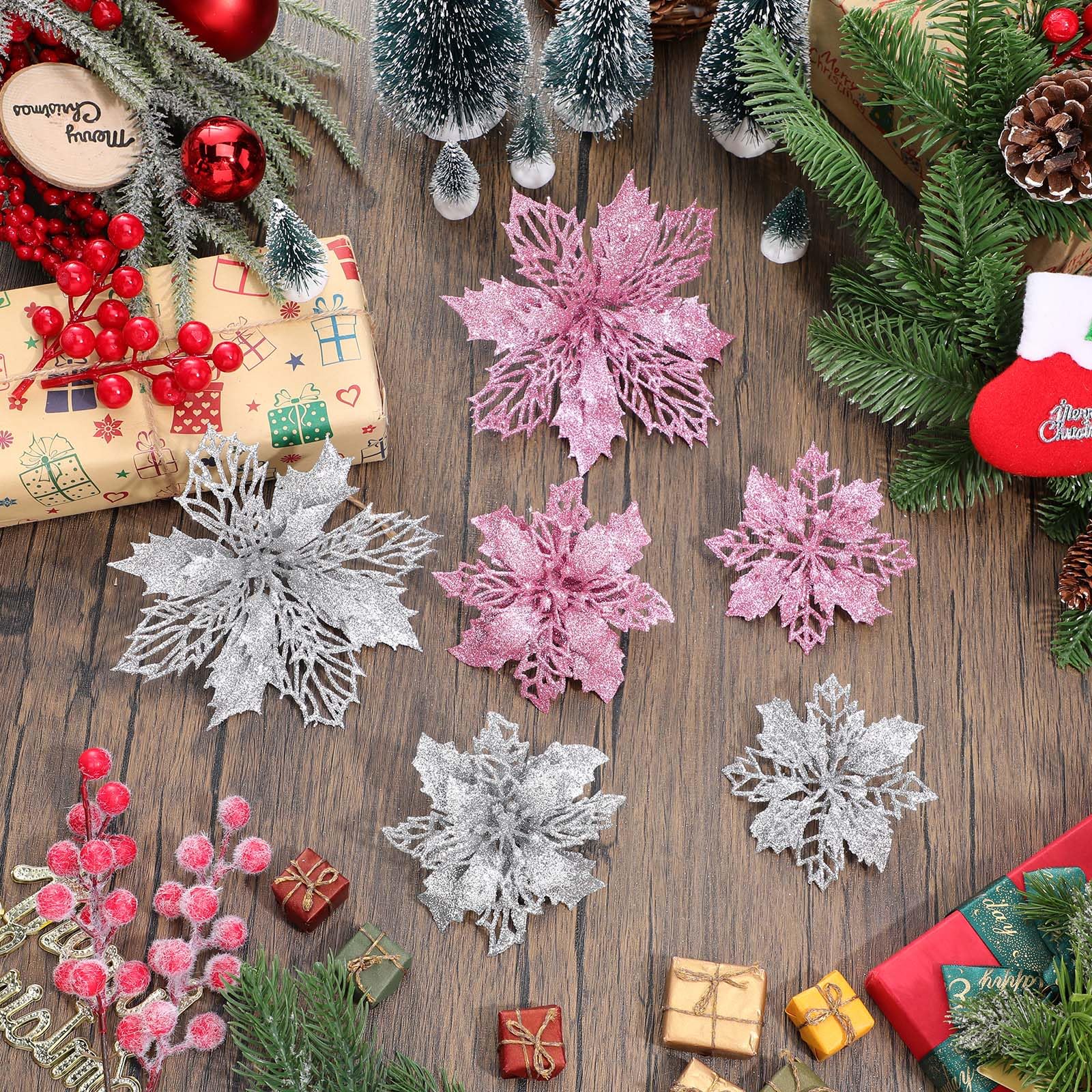 Boao 24 Pieces Pink and Silver Christmas Poinsettia Flowers Glitter with Clips Christmas Ornaments Decorations for Tree Artifici