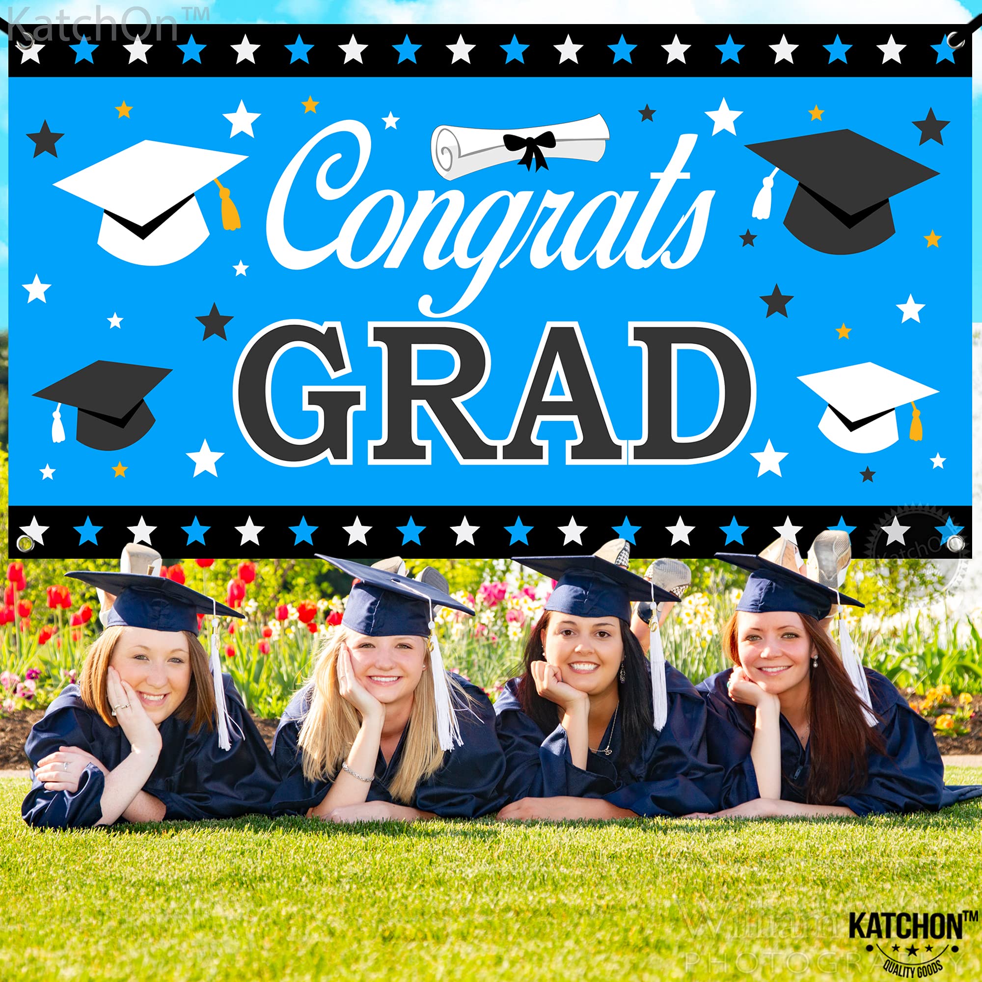 Katchon, Congrats Grad Banner Blue - Xtralarge, 72X44 Inch | Graduation Banner Blue And White For 2024 Graduation Party Decorati