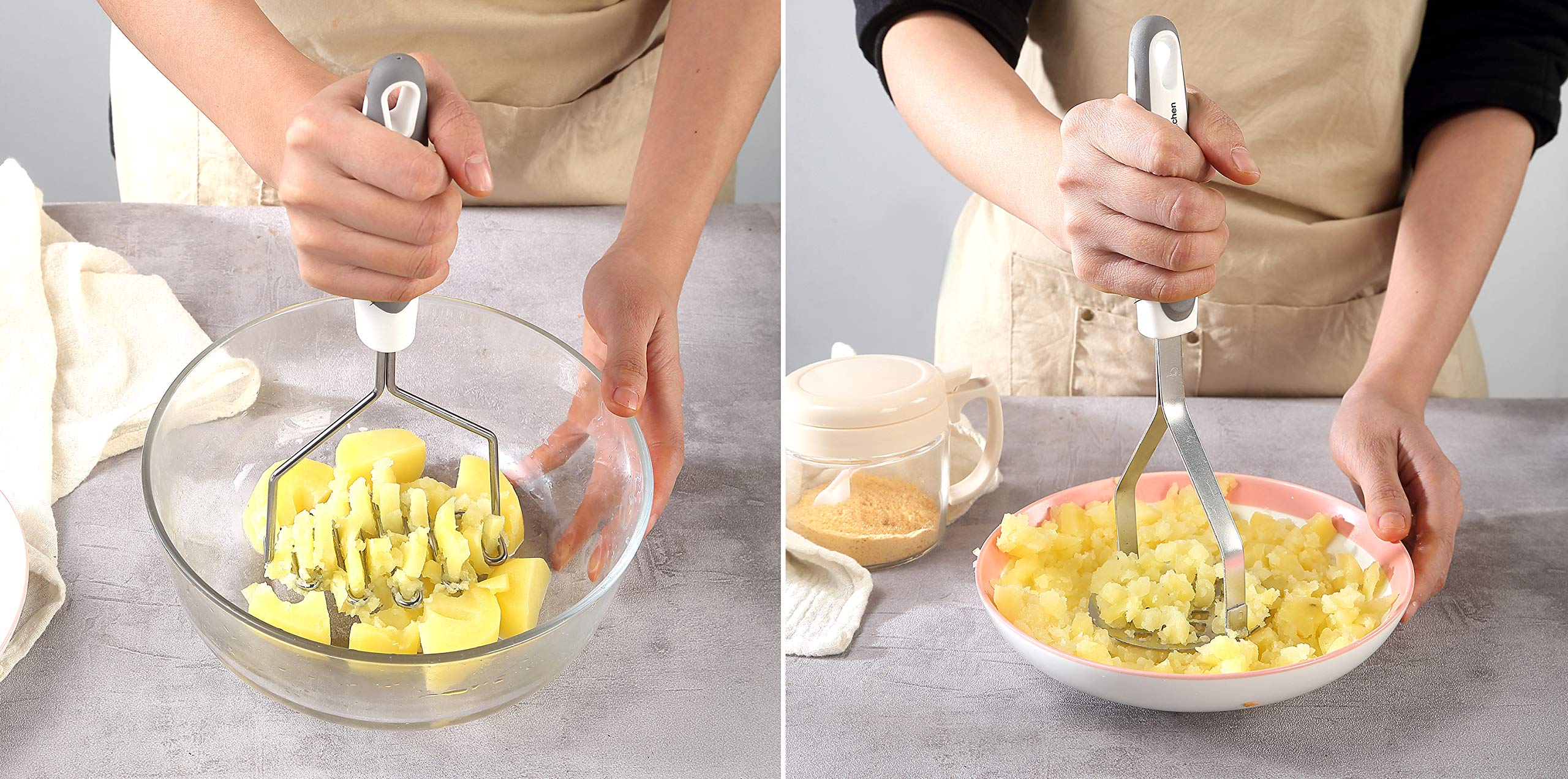 Stainless Steel Potato Masher & Peeler Set (6Pcs Set - Gray) - Includes Potato Masher, Wire Masher, Multi-Purpose Peelers, Comfo