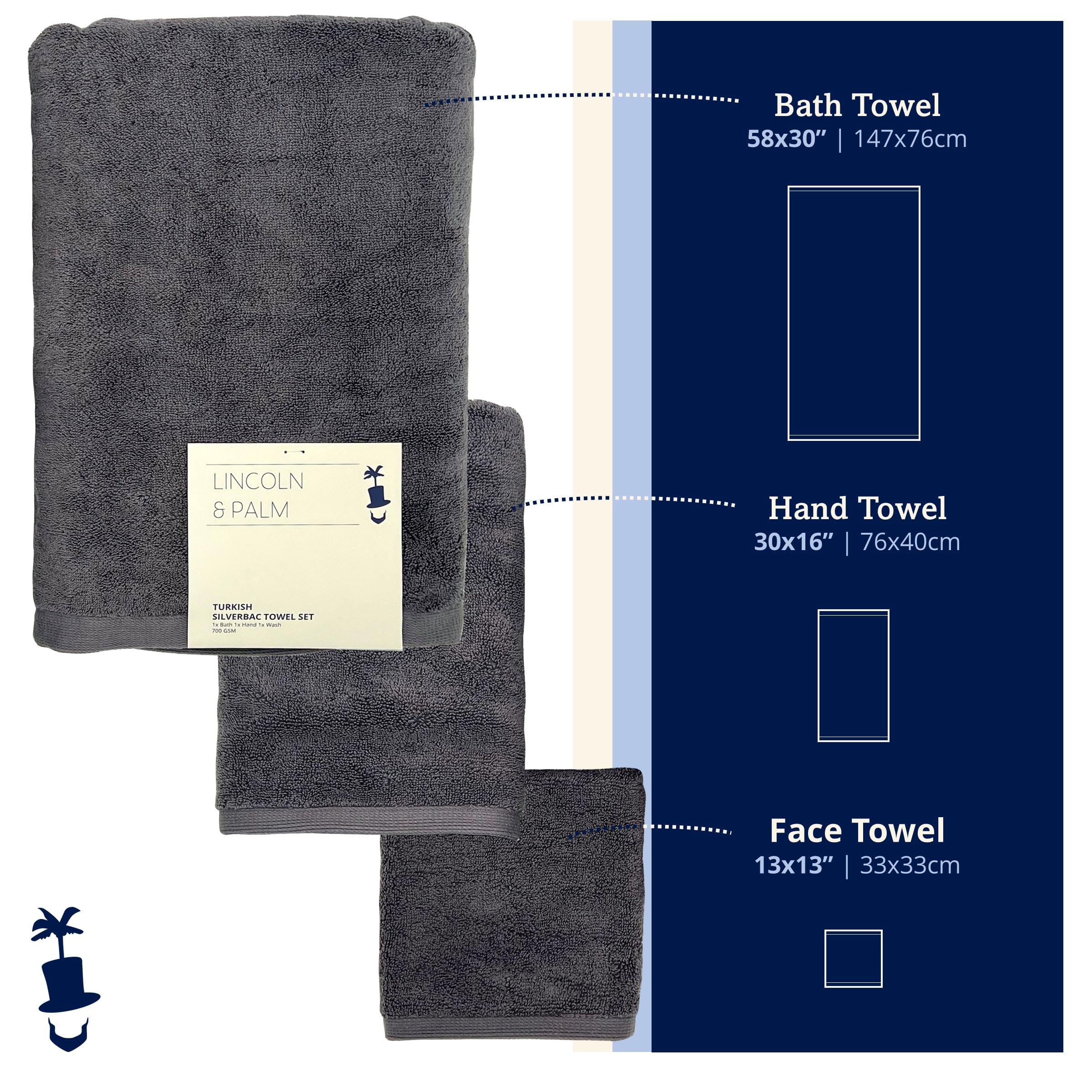 Lincoln & Palm 3 Pc Turkish Towels Set, Thick & Soft 700 Gsm, Silverbac Tech | Bath 58X30, Hand 30X16, Face Washcloth 13X13 (3 P