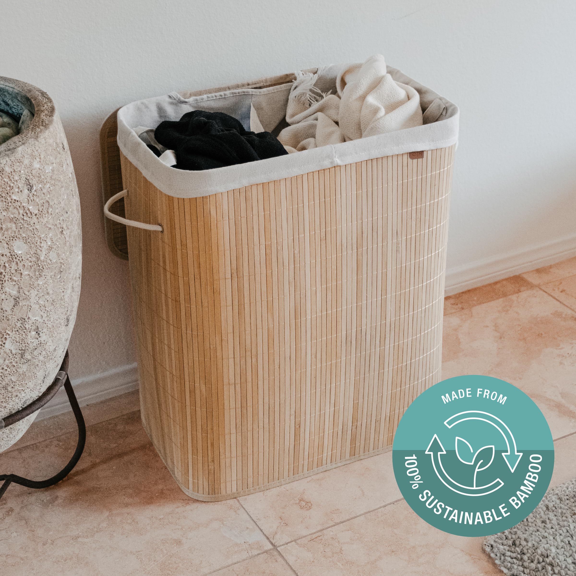 Clevermade Natural Bamboo Hamper Luxe, Double Hamper - 27 Gal (103L) Bamboo Laundry Hamper With Lid And Removable Machine Washab