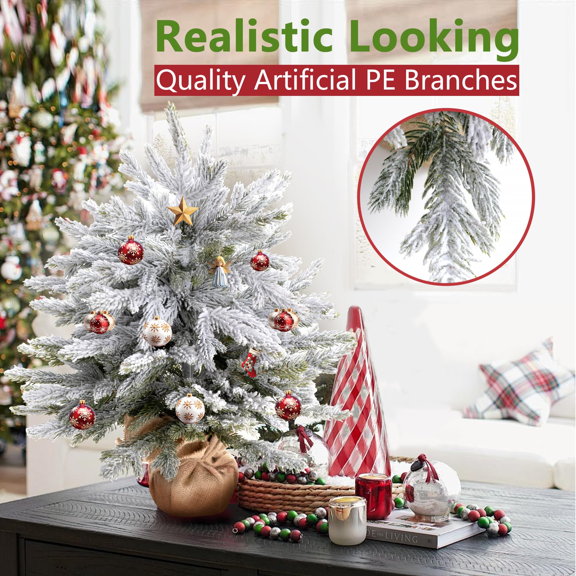 Mini Snow Flocked Artificial Christmas Tree 22 Small Xmas Snowed Pine Burlap Base Home Office Tabletop Winter Holiday Decor