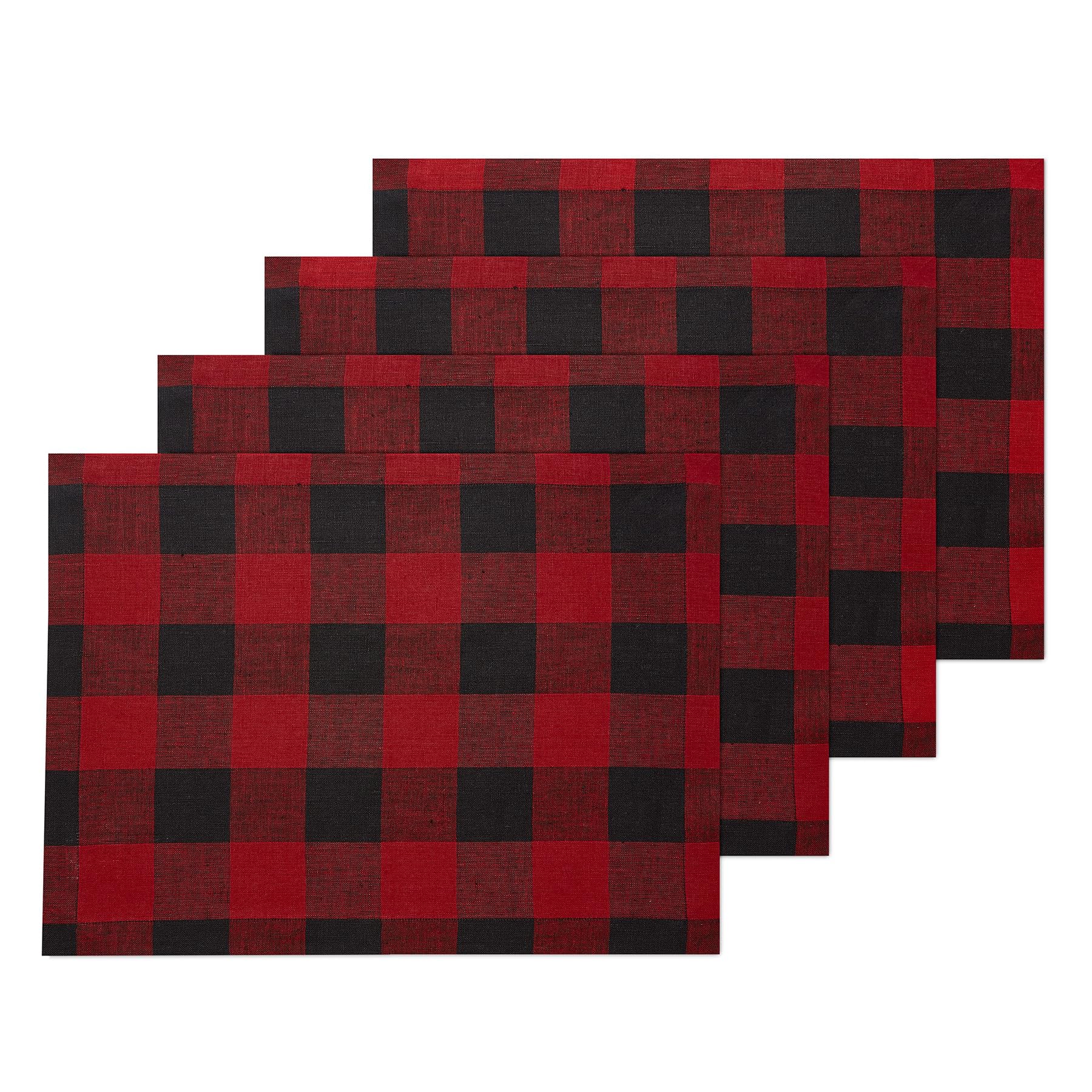 Solino Home Buffalo Check Linen Placemats 19'' L X 14'' W Inch - 100% Pure Linen Red And Black Plaid Cloth Placemats Set Of 4 -