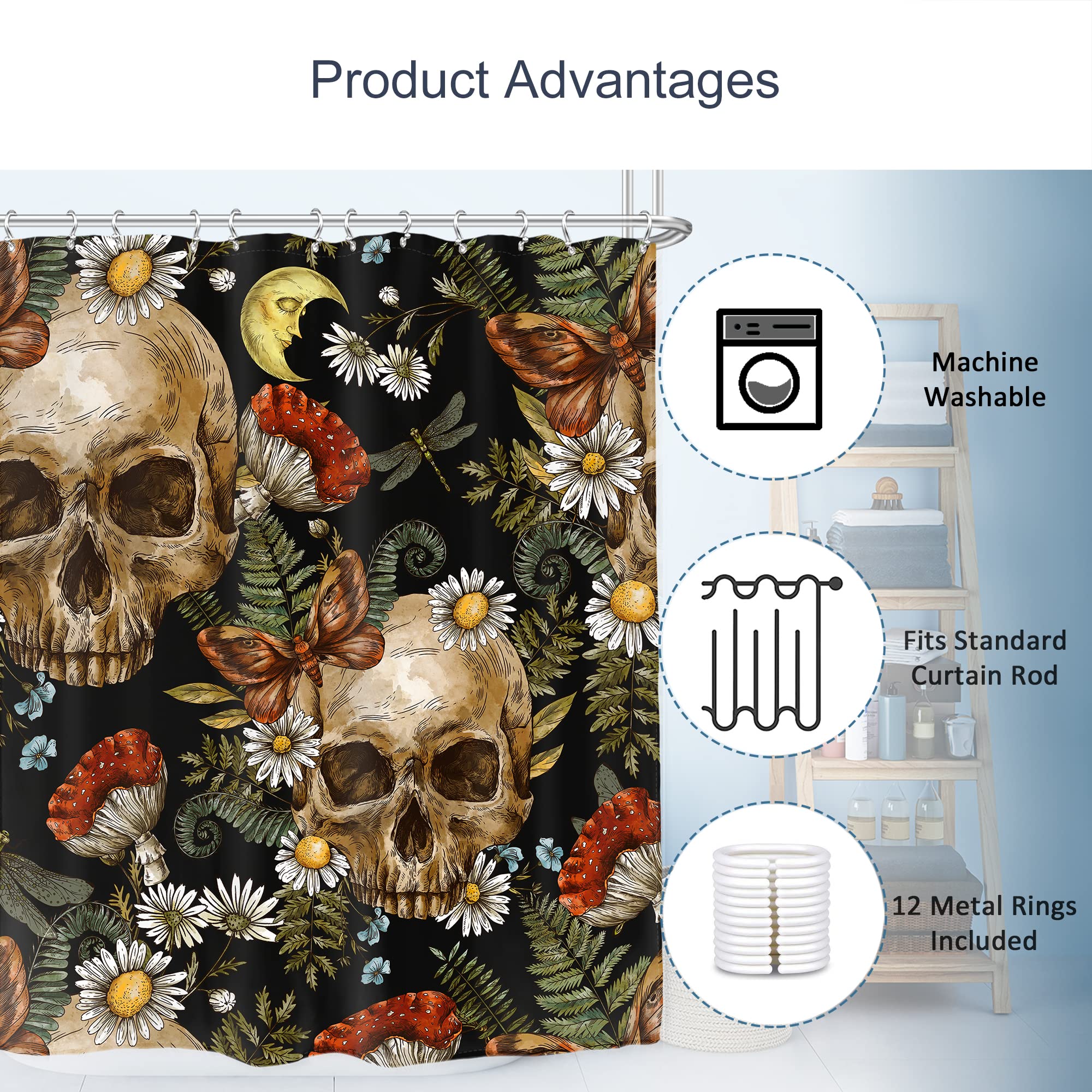 Ambzek Sugar Skull Shower Curtain Mushroom Floral 72Wx72L Inch Gothic Halloween Bathroom Decor Set Goth Skeleton Spooky Mens Hor