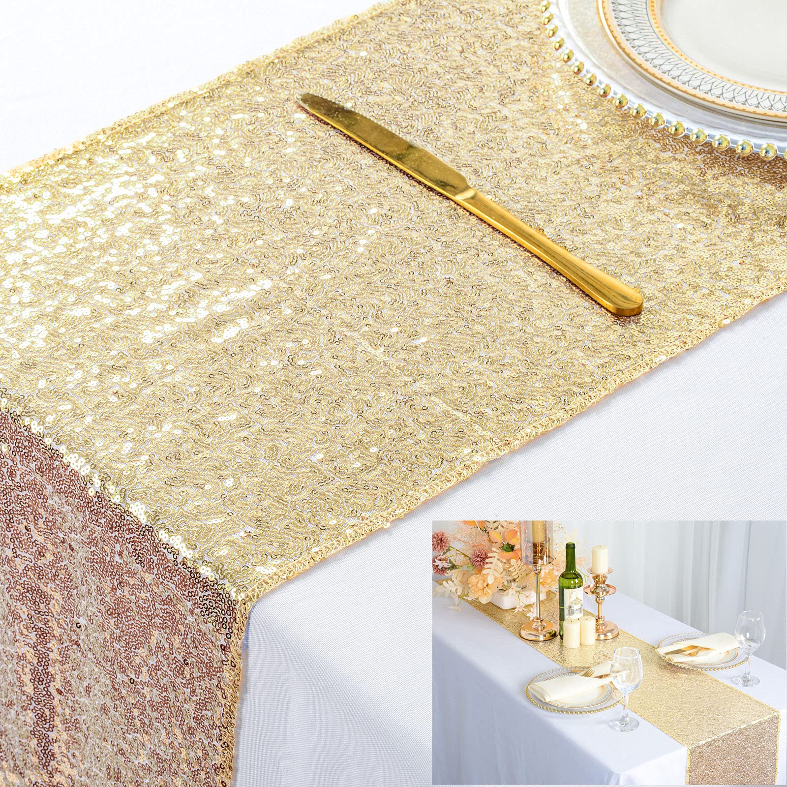 Shinybeauty 12'' X 108'' Sequined Table Runner - Light Gold Table Runner 108 Inches Long Dining Table Runner For Christmas Coffe