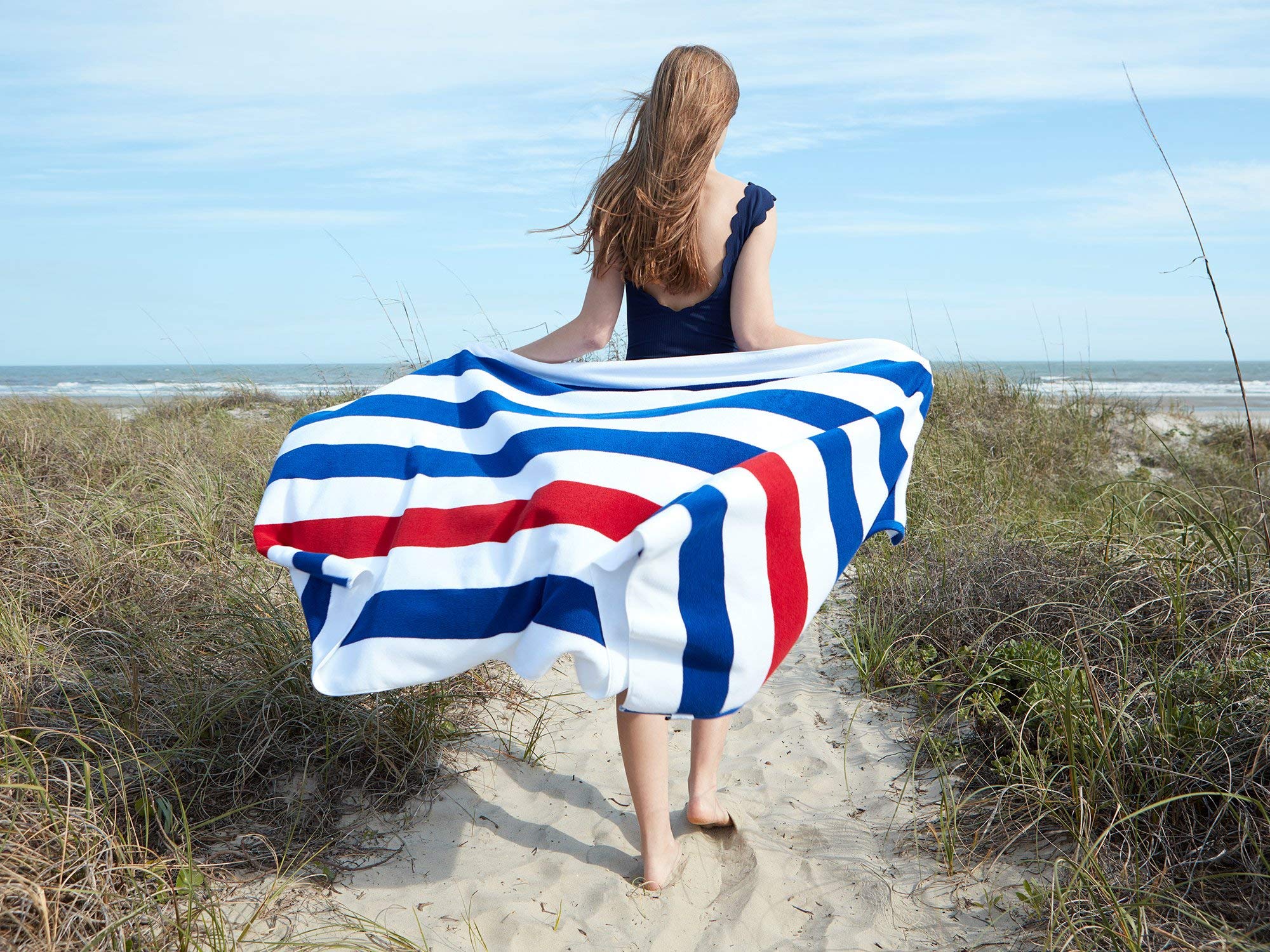 Laguna Beach Textile Co. Striped Cabana Beach Towel - Oversized  Plush 630 GSM Cotton - Red  White and Blue