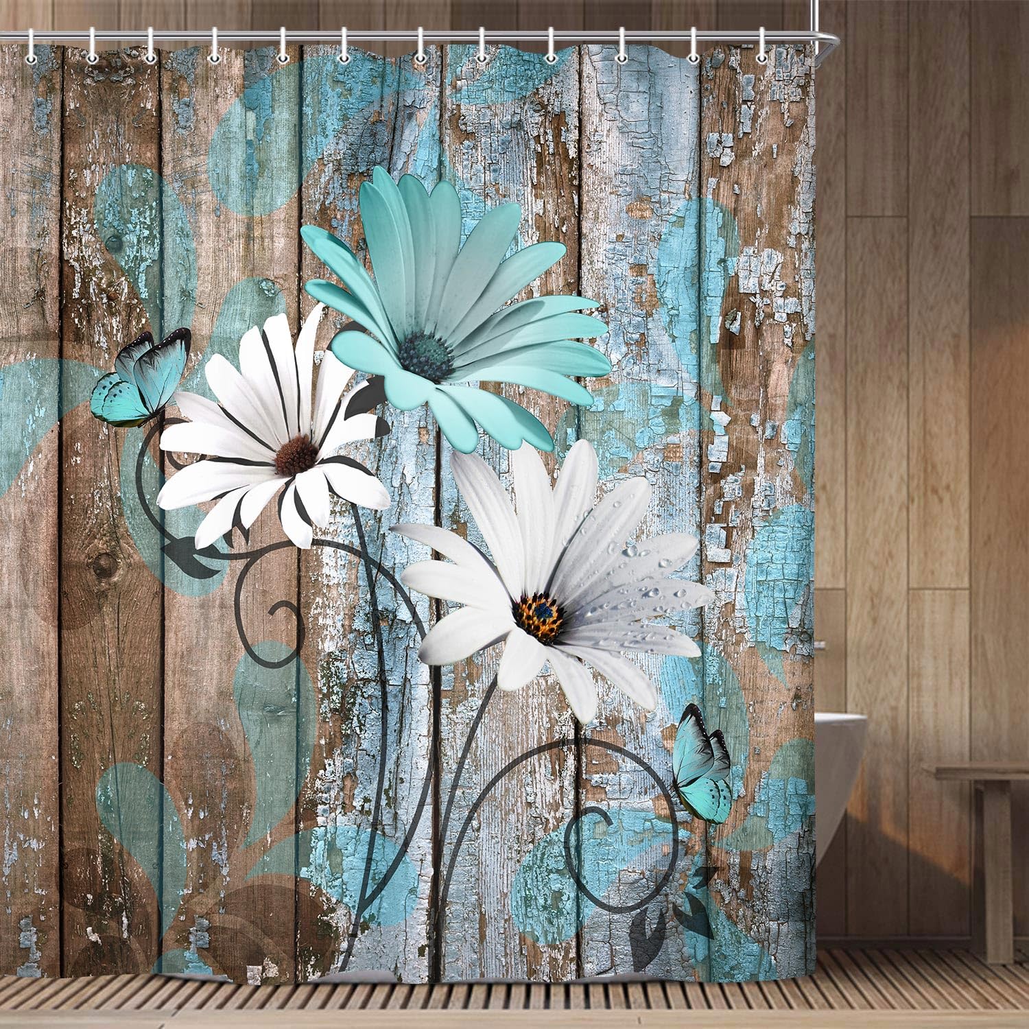 Jawo Farmhouse Flower Floral Shower Curtain, Rustic Teal Turquoise Daisy Shower Curtain Set, Country Blue Wild Garden Plant Fabr
