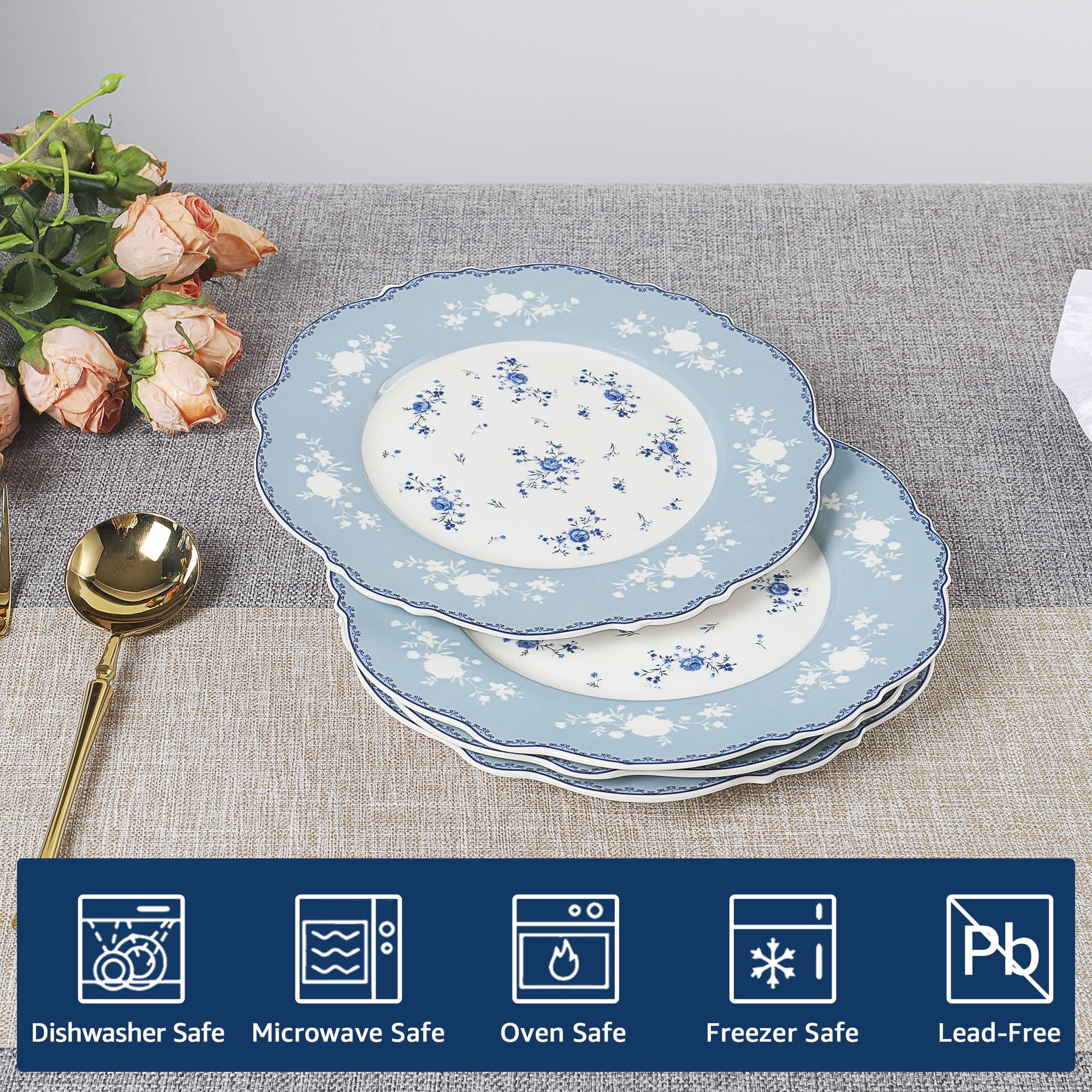 Fanquare 8 Inch Porcelain Dessert Plates Set Of 4, Lace Serving Bowls Set For Salad, Soup, Pasta, Snack, Blue Roses