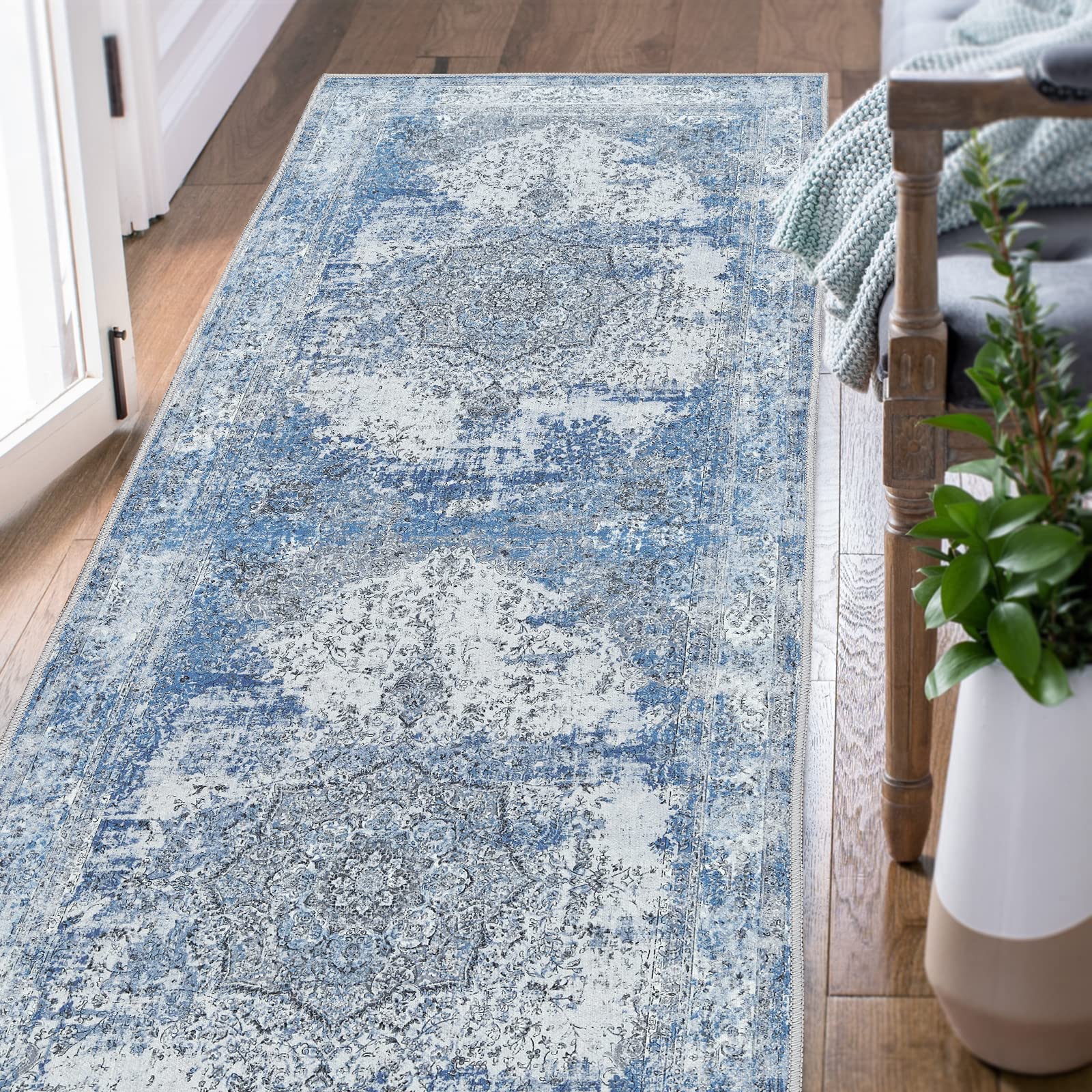 jinchan Area Rug 2x5 Washable Rug Runner Rug Hallway Vintage Blue Distressed Rug Kitchen Indoor Foldable Thin Rug Traditional Fl