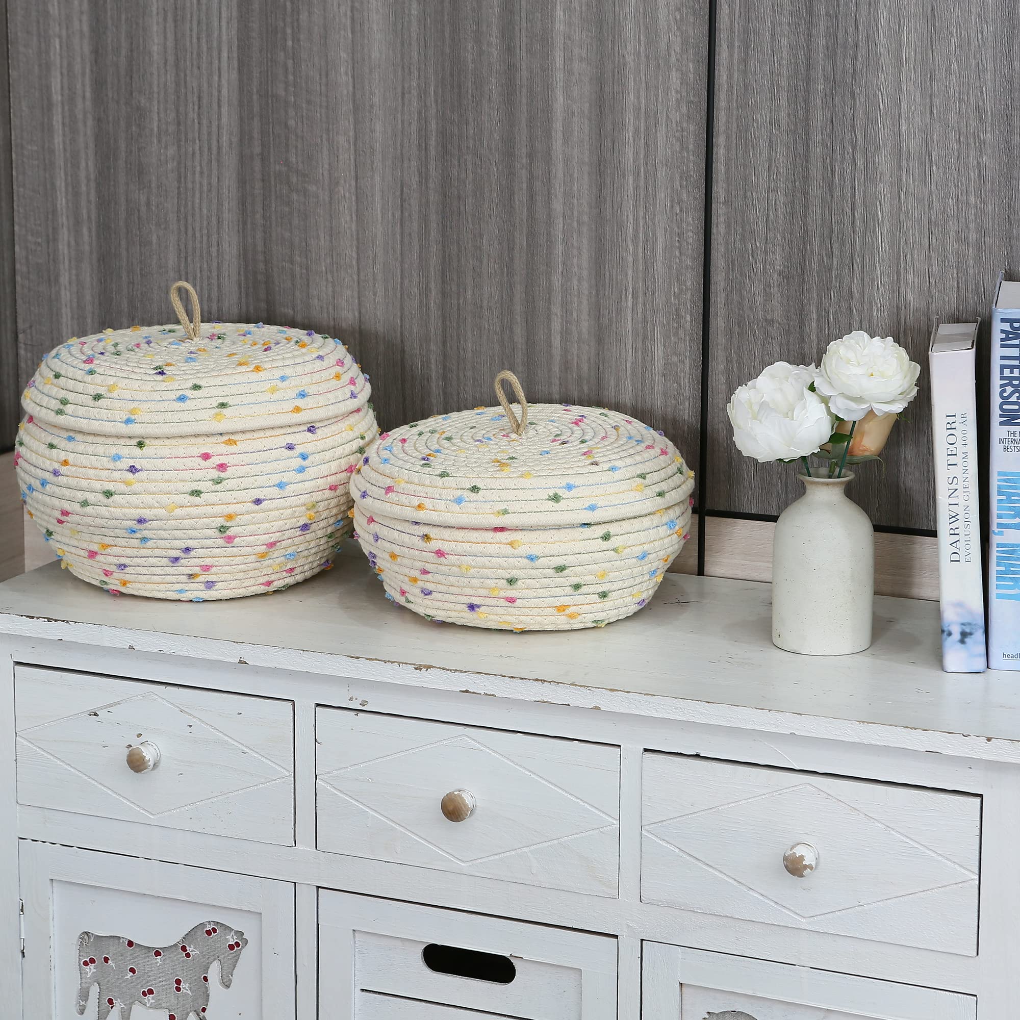 Sea Team Round Cotton Rope Storage Basket With Lid, Colorful Rainbow Pompom Woven Storage Bin, Pot, Caddy, Organizer, Container
