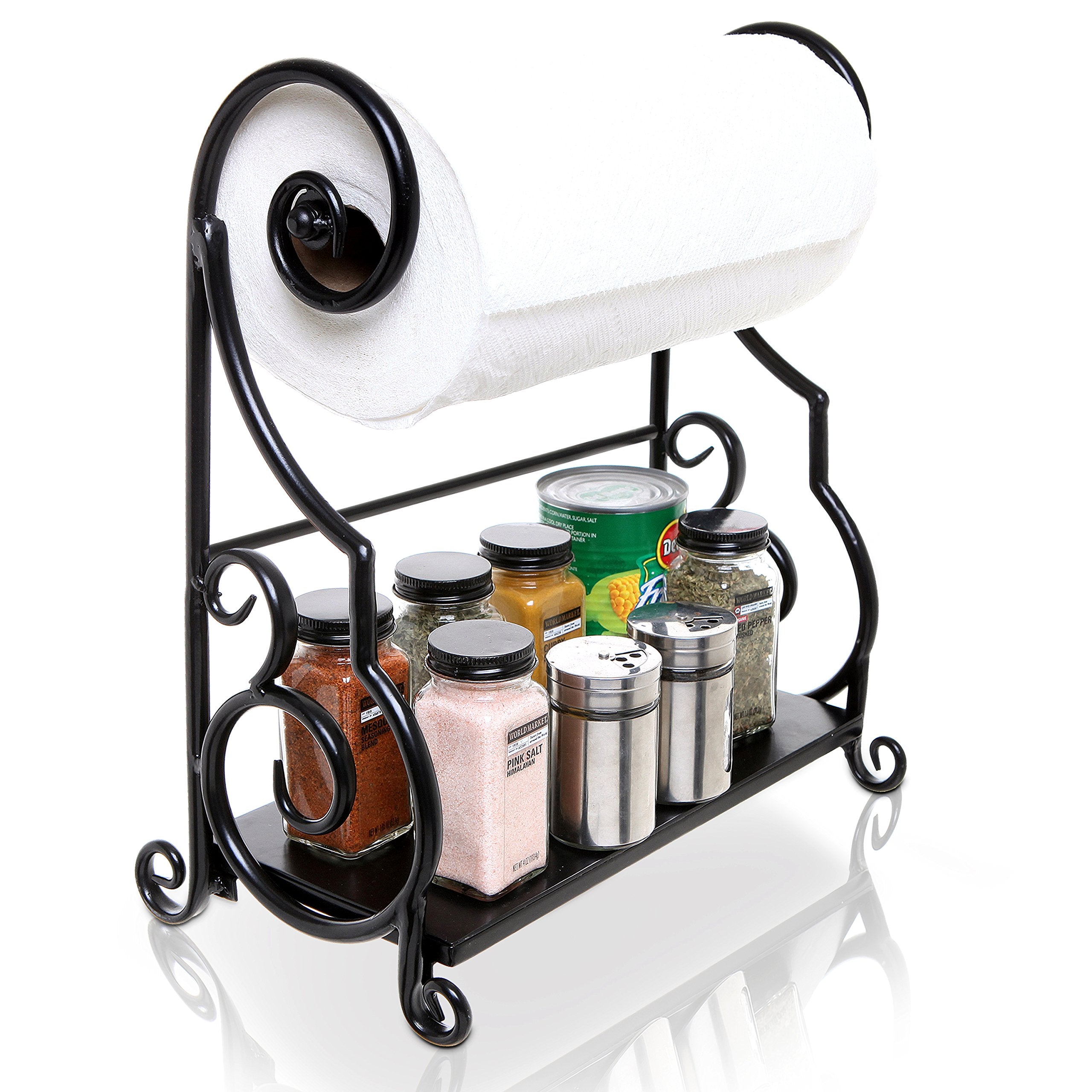 MyGift Black Metal Paper Towel Holder Stand and Condiment Shelf Rack with Decorative Scrollwork Design
