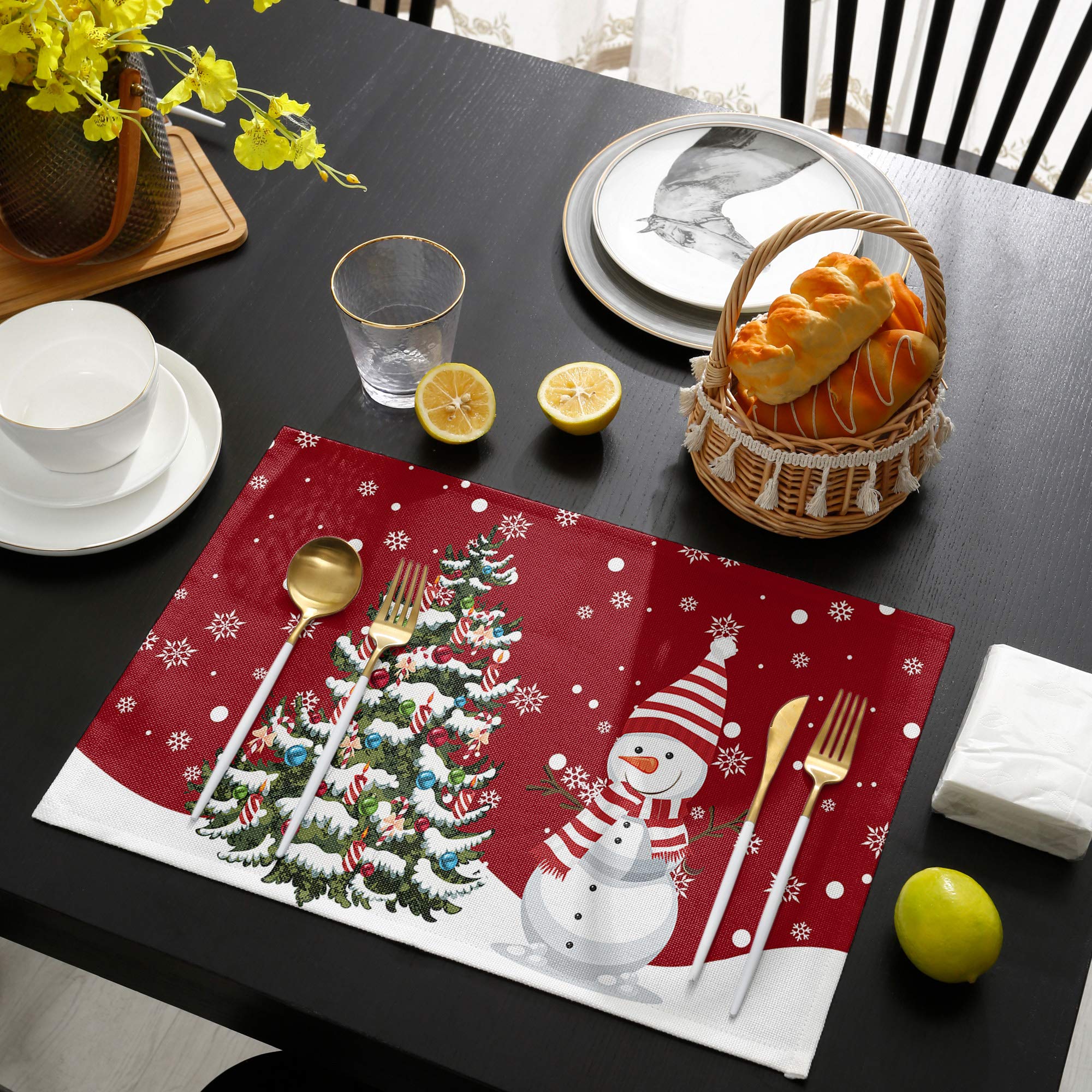 Christmas Placemats Set Of 4,Merry Christmas Snowman Snowflake Xmas Tree Heat-Resistant Placemats For Dining Table,Cotton Linen