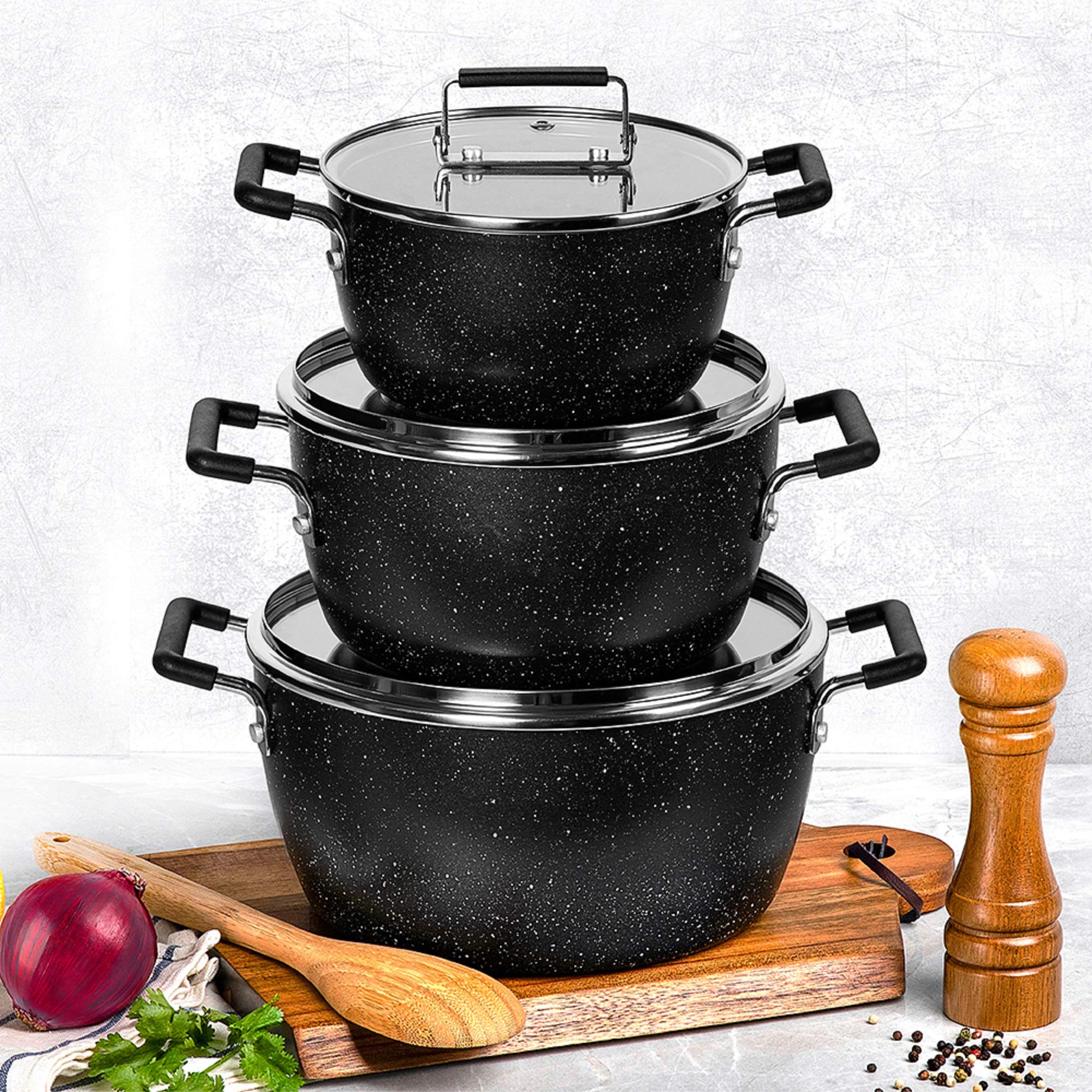 Granitestone Black Pots and Pans Set Nonstick, 6 Stackable Piece Cooking Pots Set, Kitchen Pots, Non Stick Coating, 5qt 3qt & 1.