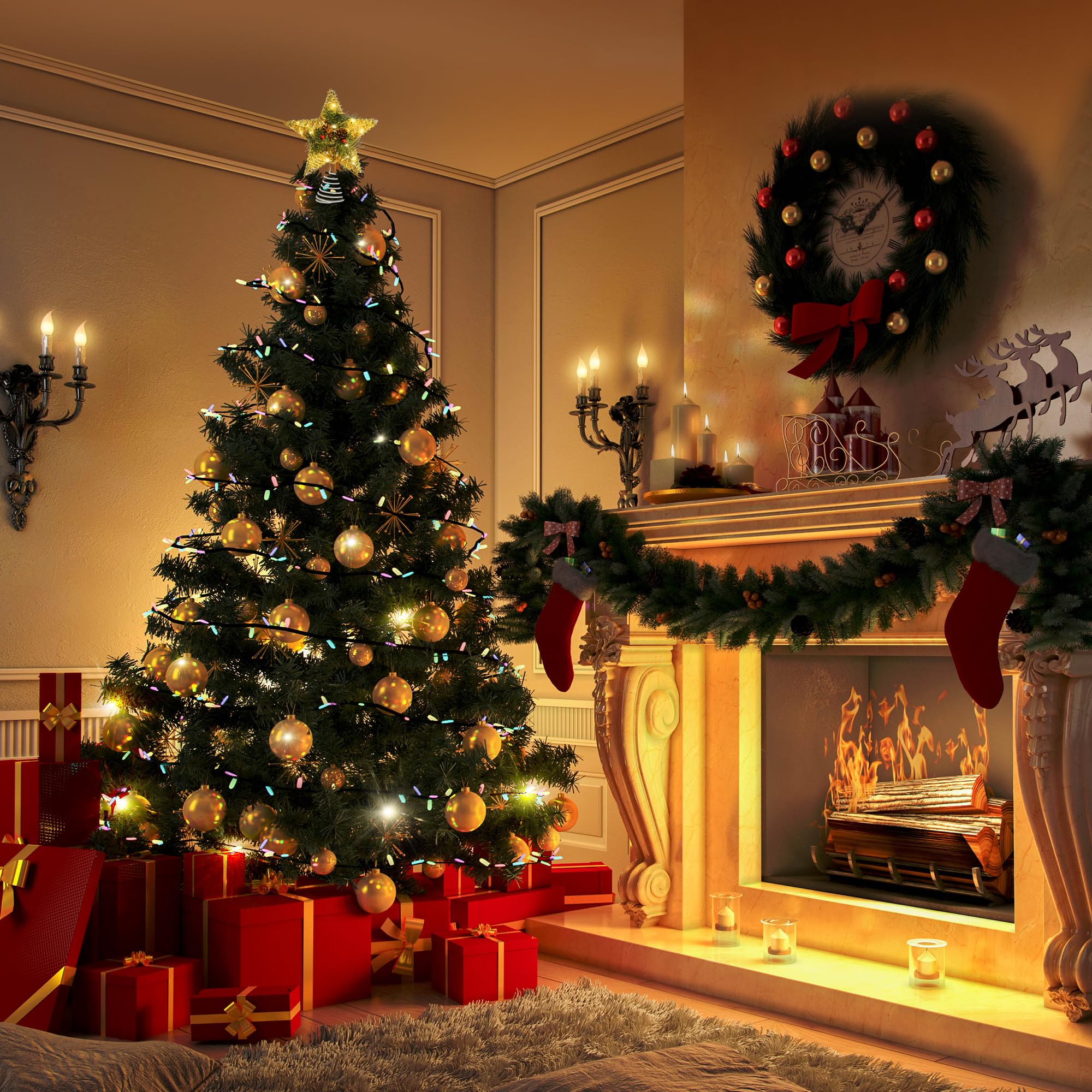 Christmas Tree Topper, 10 Gold Glittered Star with Hollow Design, Battery Operation Tree Topper Star with 20 LEDs for Christmas