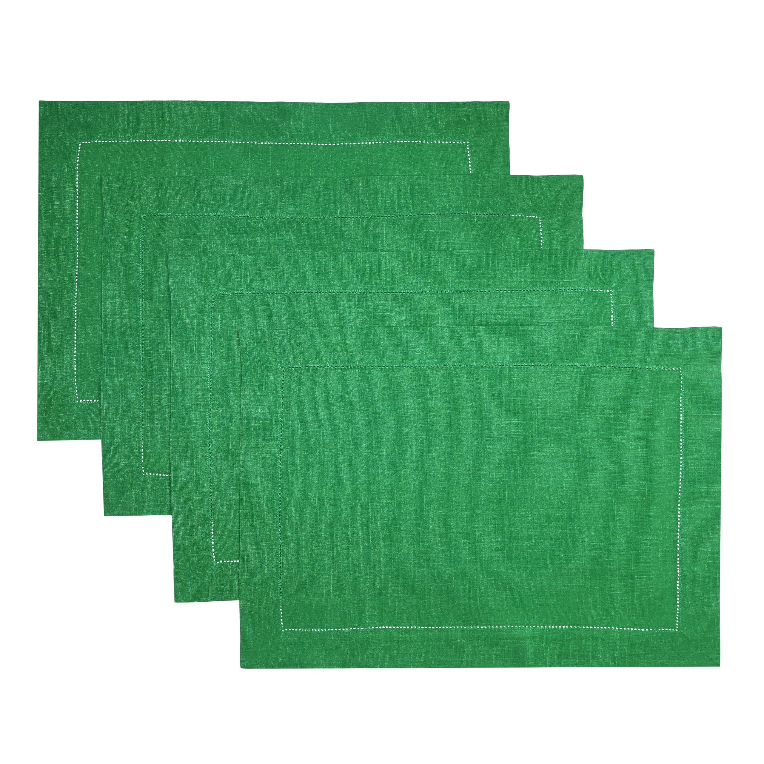 D'Moksha Homes Linen Placemats Set Of 4-100% Pure Linen Kelly Green Placemats 14 X 19 Inch - Classic Hemstitch, Washable Kelly G