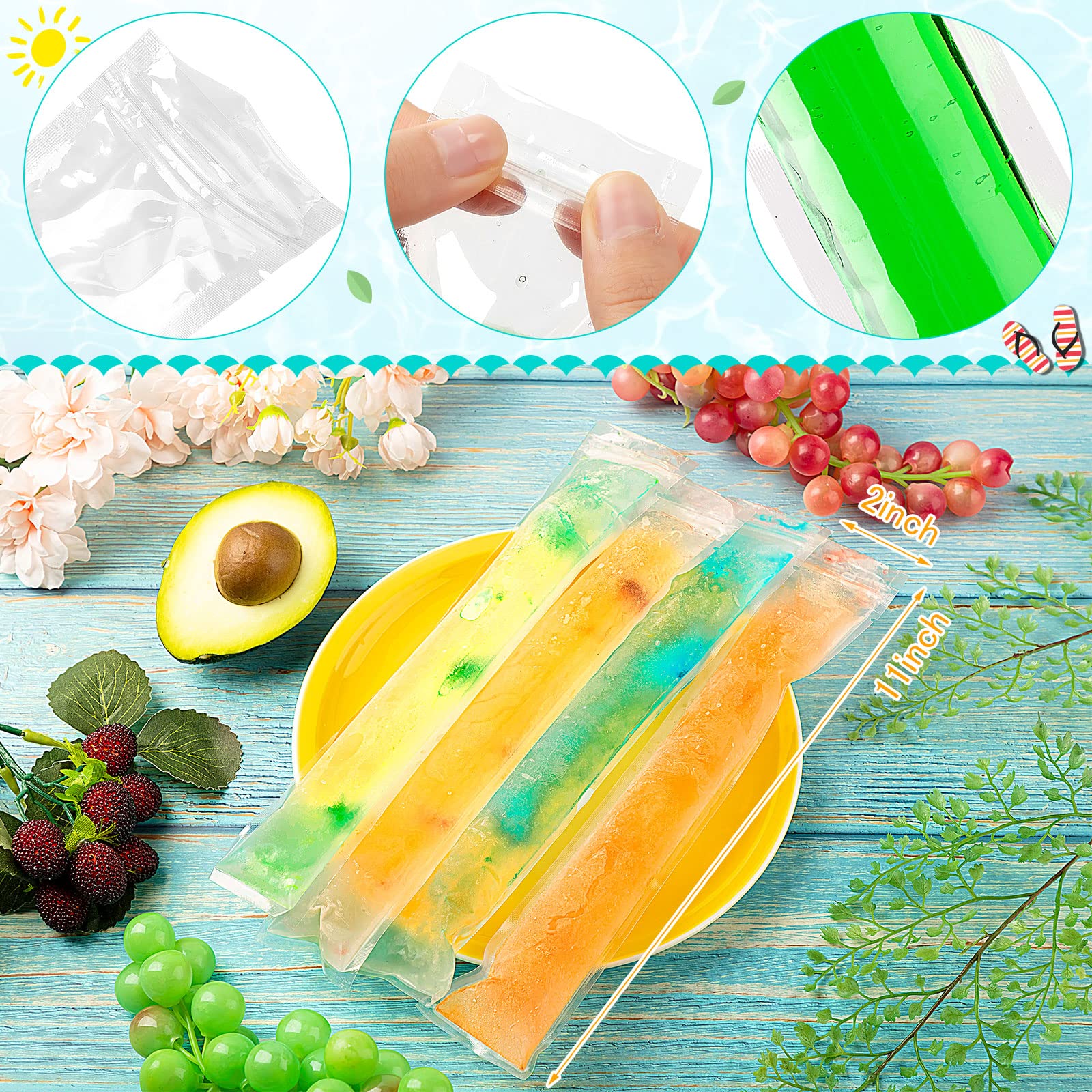 Funtery 1000 Pcs 11'' X 2'' Disposable Ice Lolly Mold Bags Freezer Tubes With Zip Seals Ice Candy Bags Ice Candy Pouches And 5 P