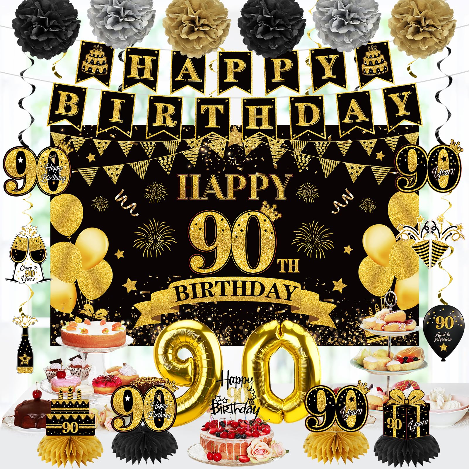 Eucutur 42Pcs 90Th Birthday Decoration Kit For Men Women, Black Gold Happy 90Th Bday Banner Balloons Honeycomb Centerpiece Swirl