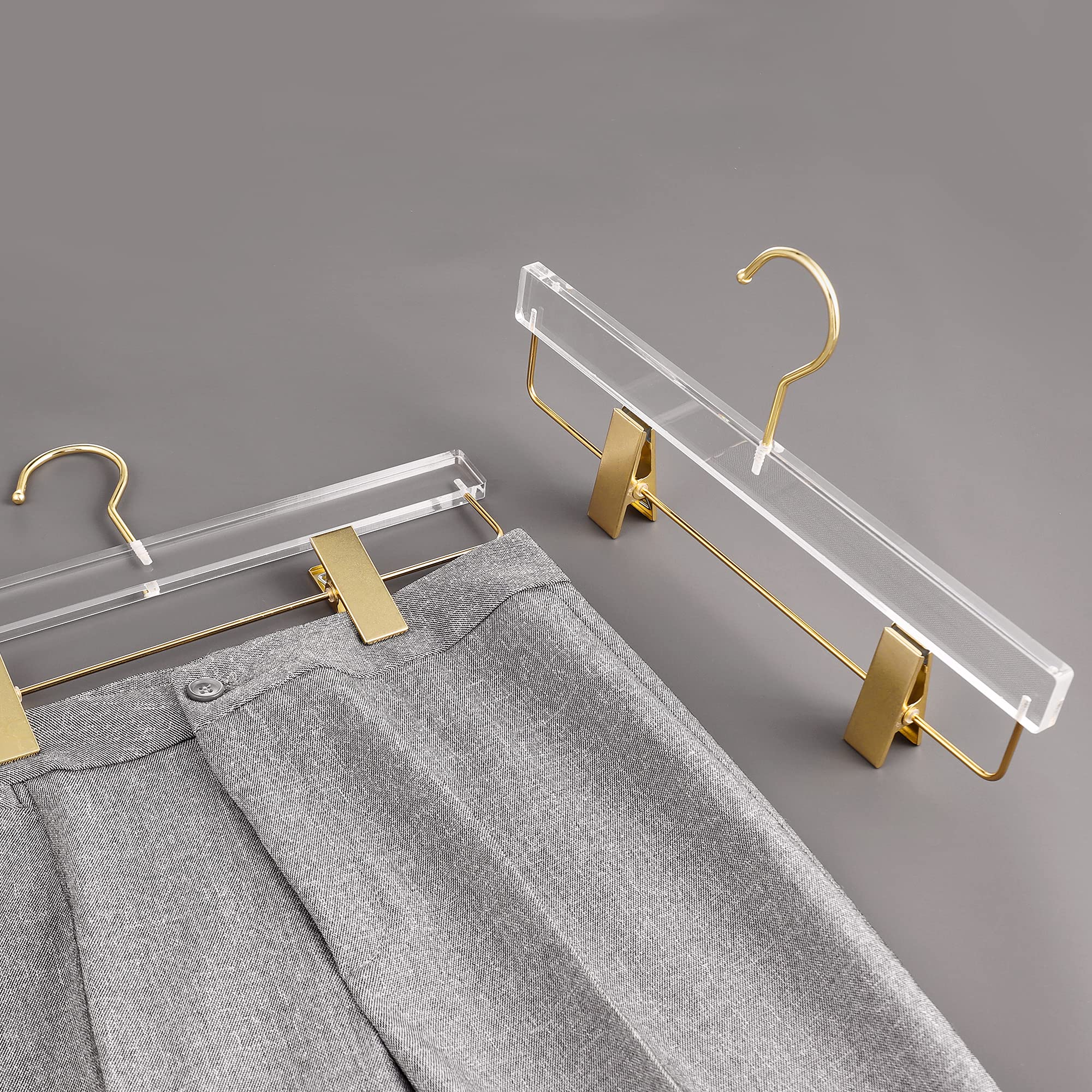Besser 10 Pack Gold Acrylic Hangers,Clear Hangers With Gold Hooks,Luxurious Skirt Pants Hangers Gold Clips For Clothing Closet S