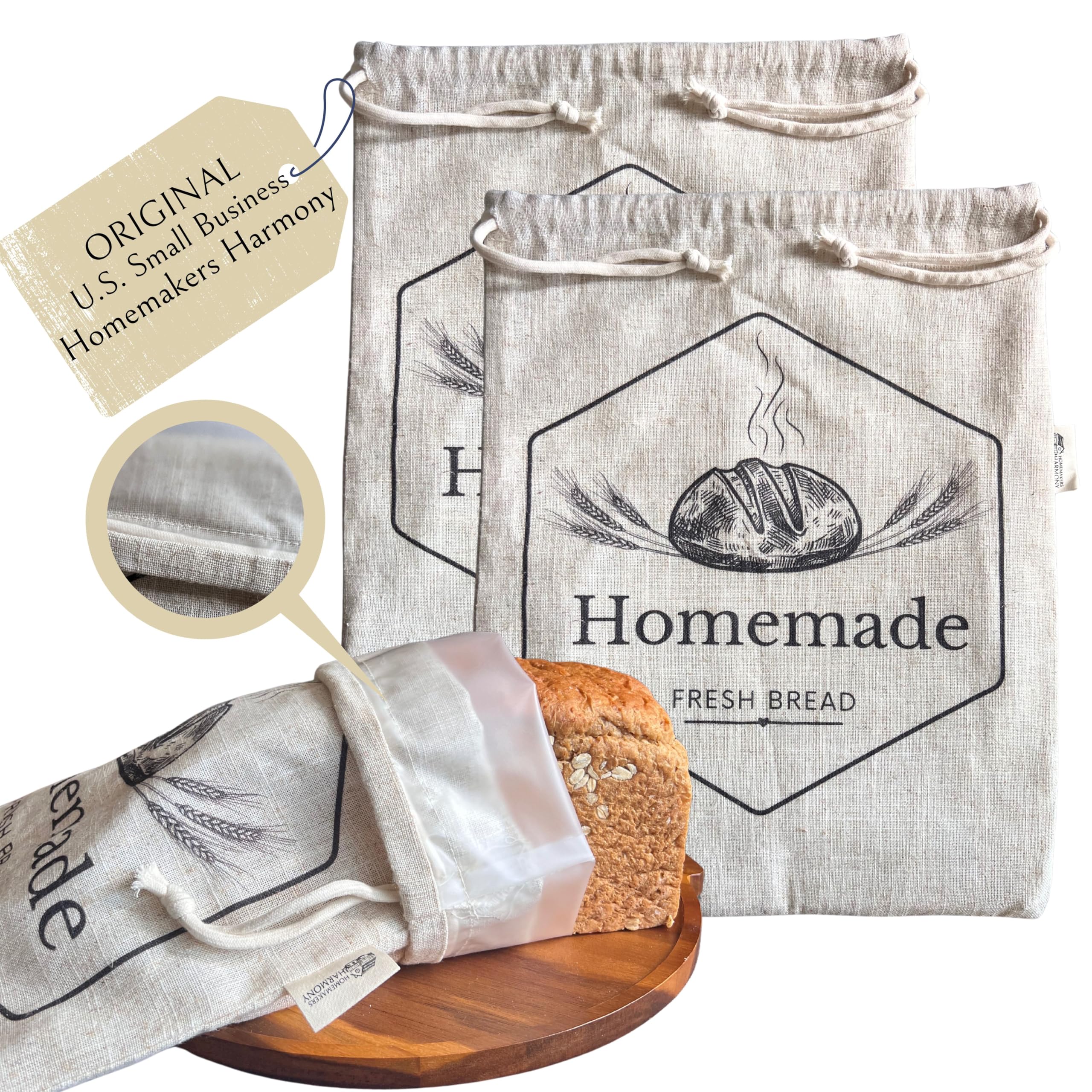 2 Pack XL Bread Bags for Homemade Bread, 18 x 14 in Organic Linen Sourdough Bags - Reusable Bread Storage Bags, Keeps Bread Fres
