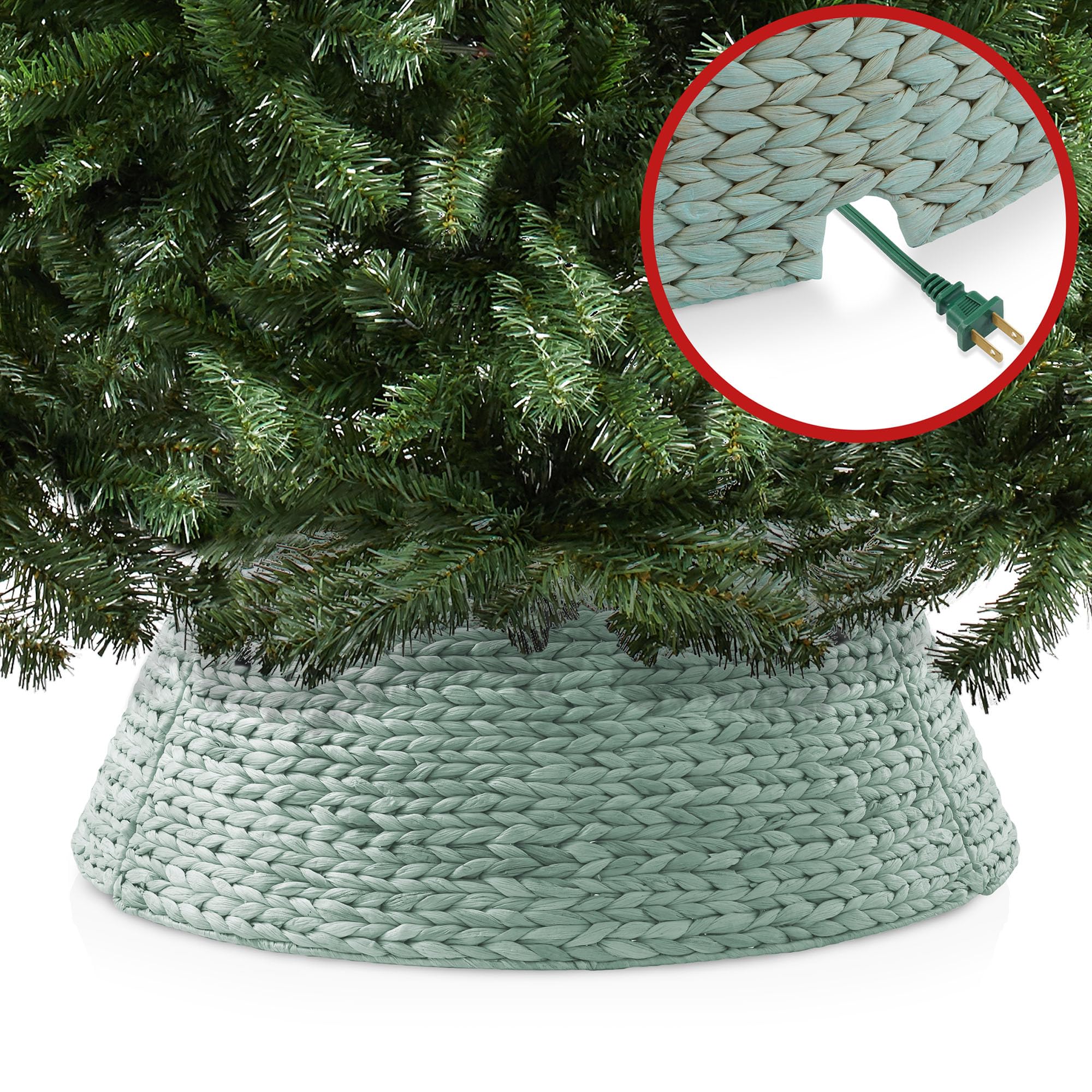 Casafield 32-Inch Christmas Tree Collar, Woven Water Hyacinth Tree Base Cover with Cord Cut Out, Seafoam