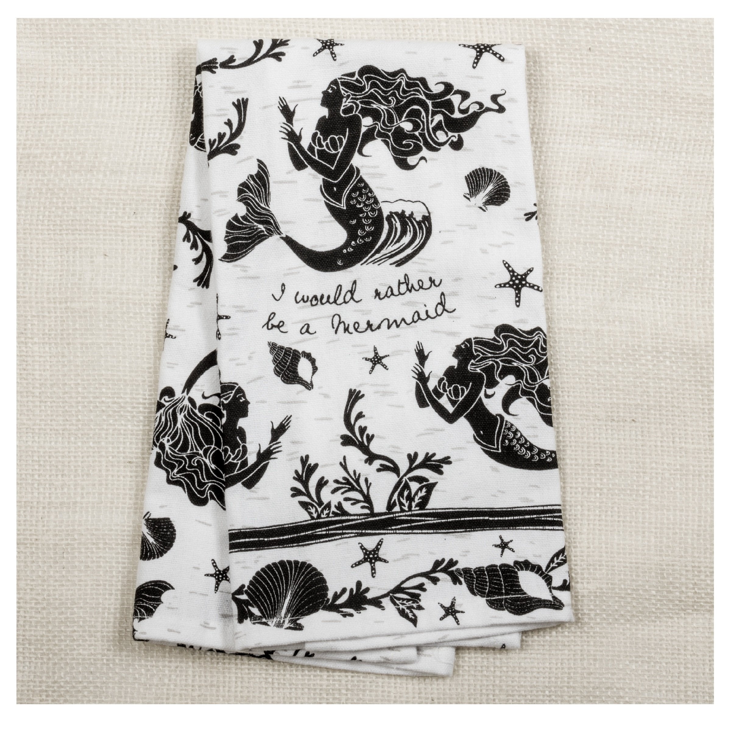 Karma Gifts Black And White Boho Tea Towel,Cotton, Mermaid 18'' X 22''