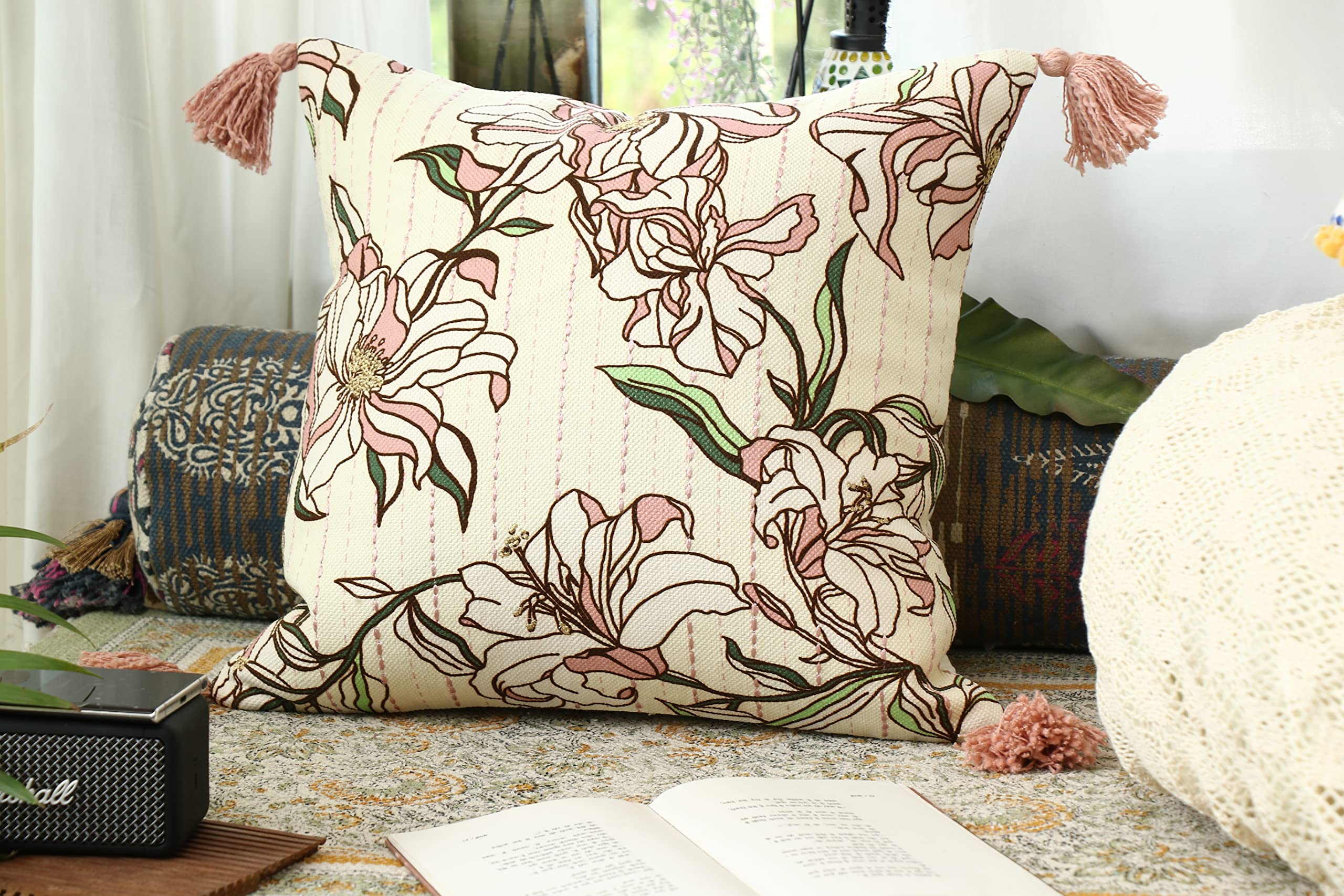 Impexart 18X18 Inch 45X45 Cm Cotton Square Headblock Flower Print Cushion Cover For Dcor Sofa Couch Living Room Bedroom