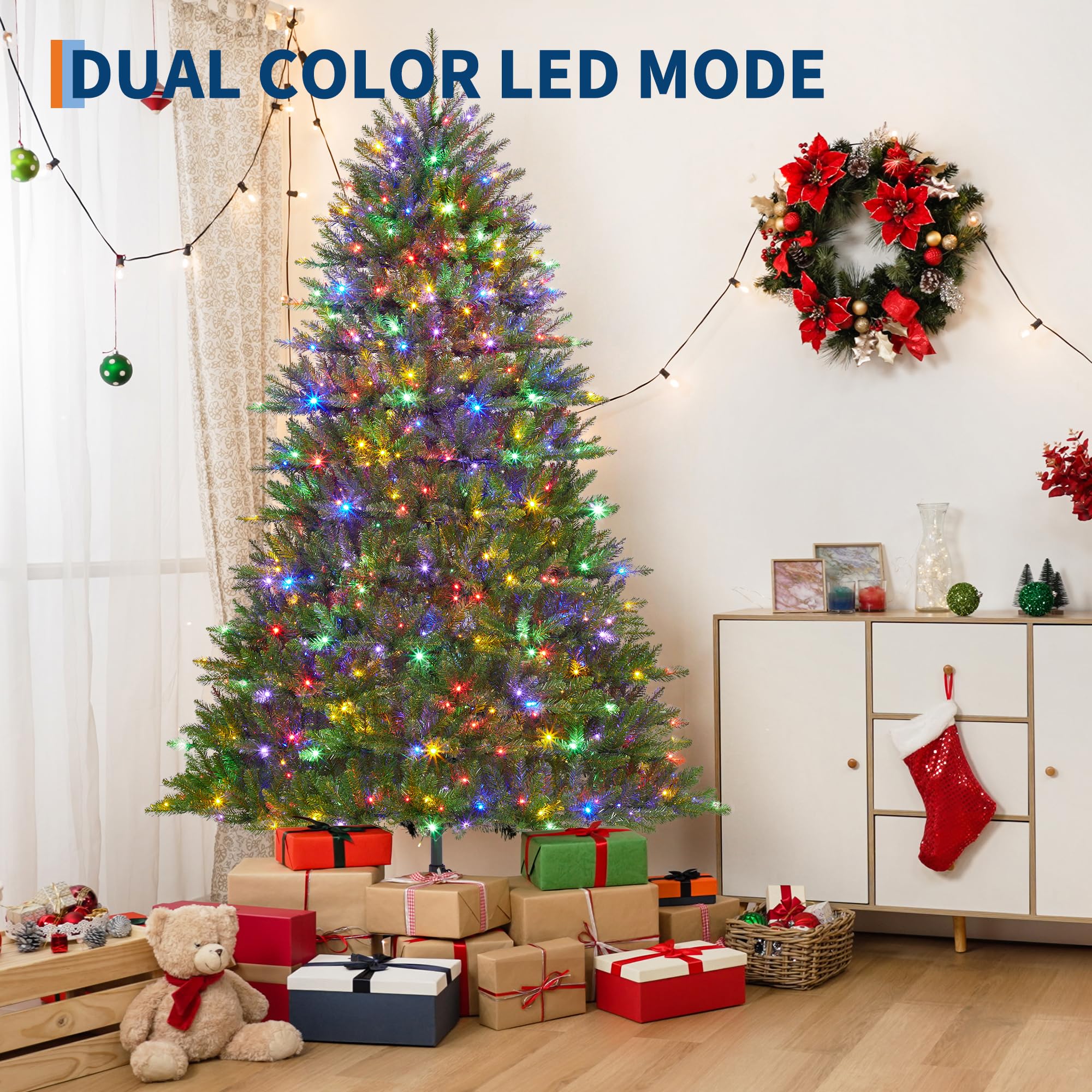7.5FT Christmas Tree, Artificial Christmas Trees with 200 Lights, Prelit Christmas Tree with 8 Modes Lights, Foldable Stand, On/