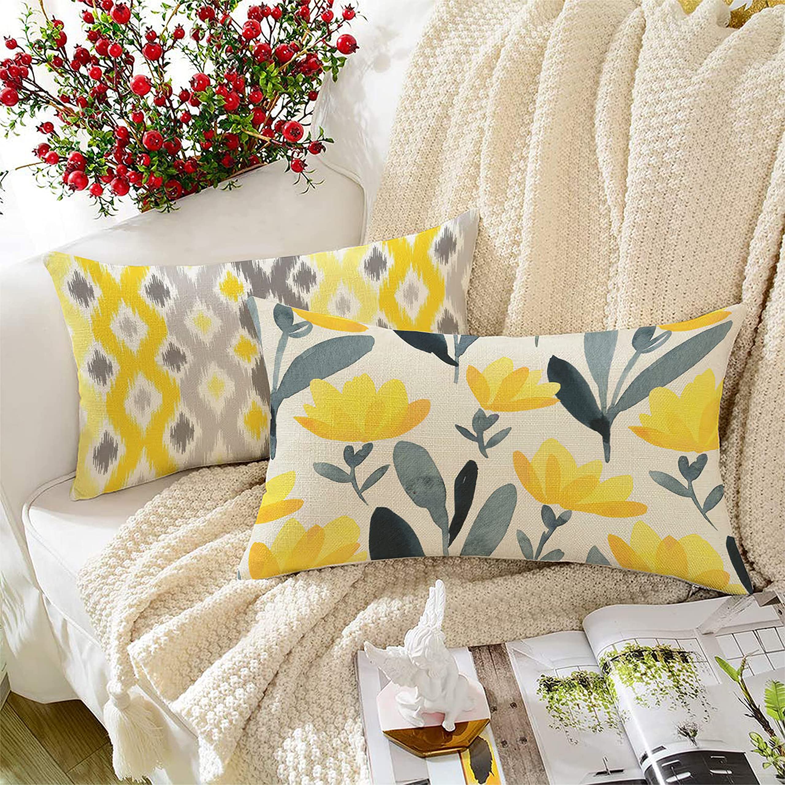 Amazon Brand - Umi Ikat Yellow-Grey Design Printed Polycotton Cushion Covers | Decorative Rectangular Throw Pillow Cases For Sof