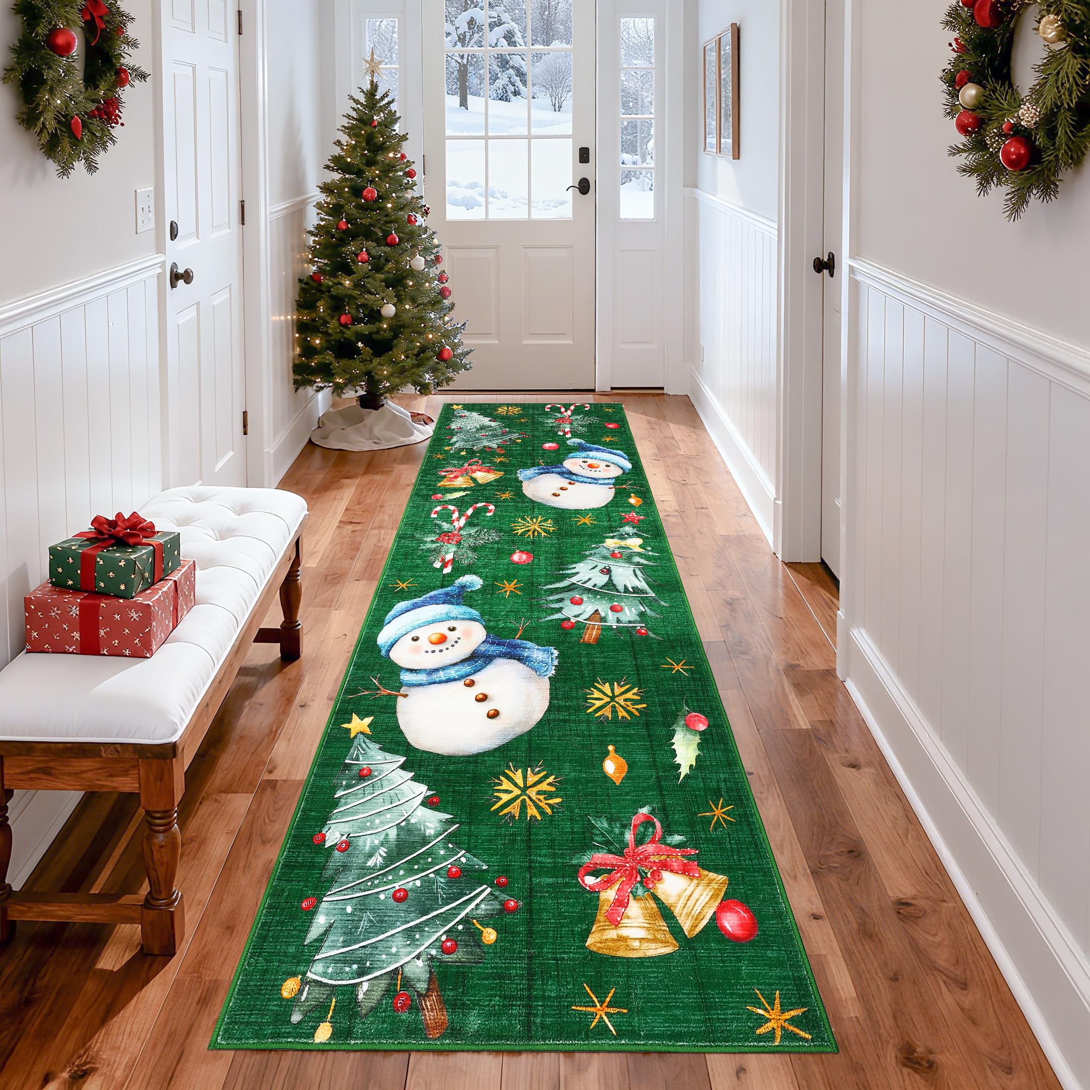 GarveeHome Christmas Runner Rug for Hallway 2x10 Kitchen Rugs Non Slip Low Pile Entryway Rug Xmas Tree & Snowman Bathroom Rugs S