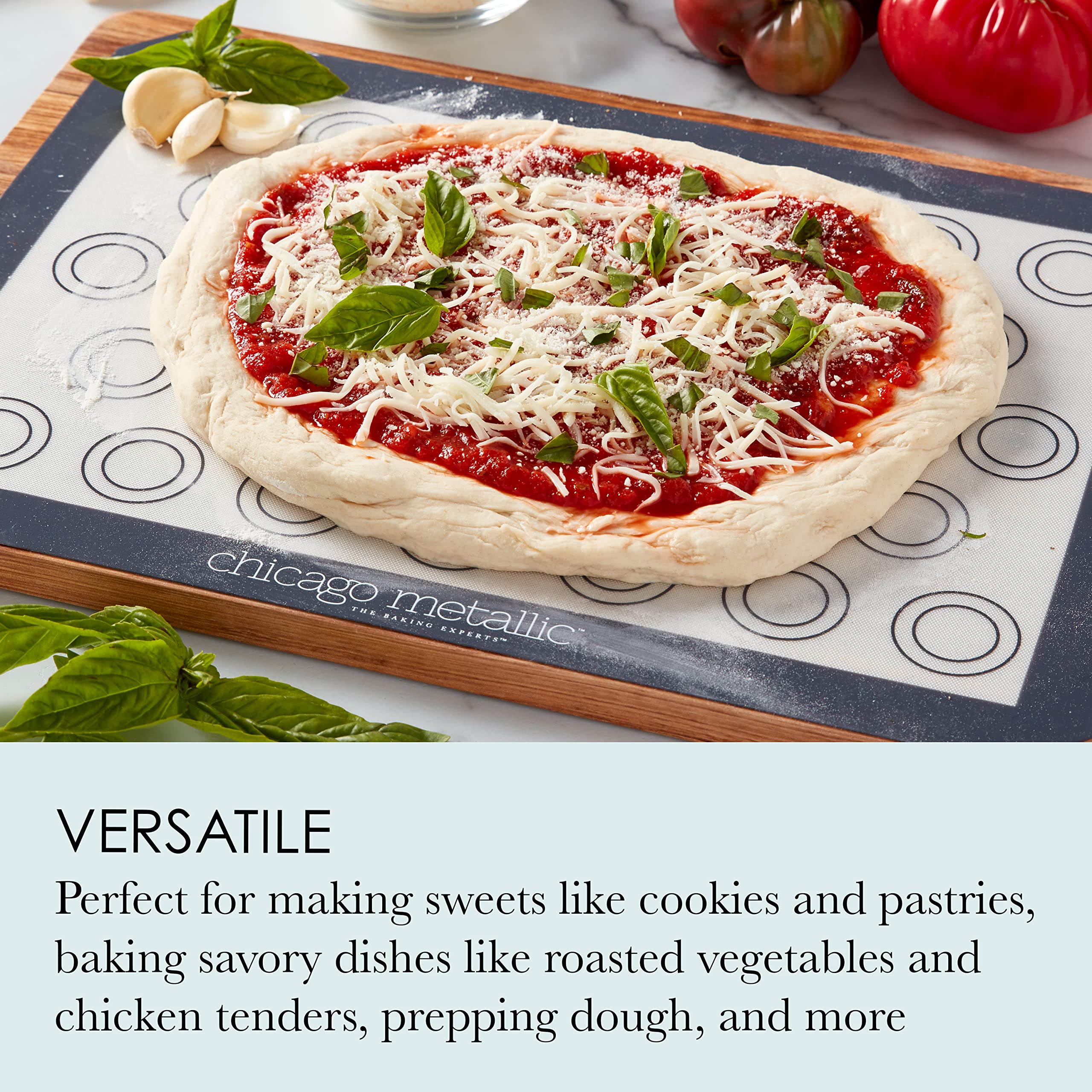 Chicago Metallic Silicone Pastry Mat With Measurements,, Baking Mat With Cookie Marks Gray 16.5X11.5 Inch