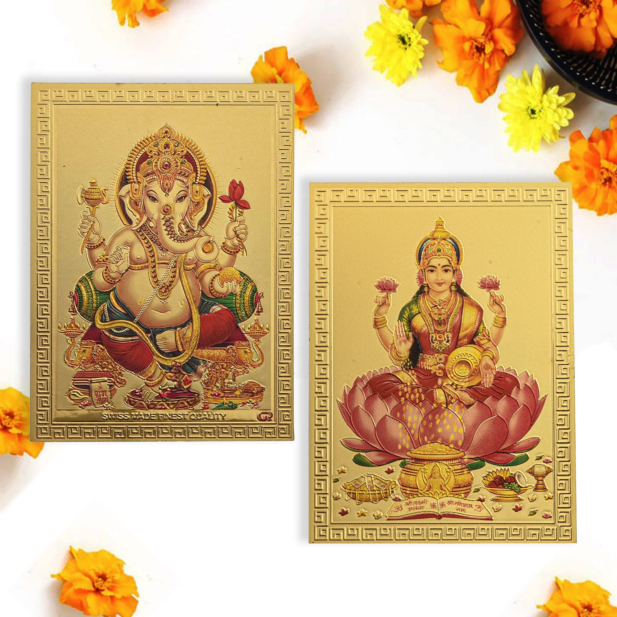 Hawai Small Pocket Size Gold Plated Lord Ganesh Laxmi Poster Sticker Combo Set For Worship Use, 8.5X6 Cm, Sfdi46_54