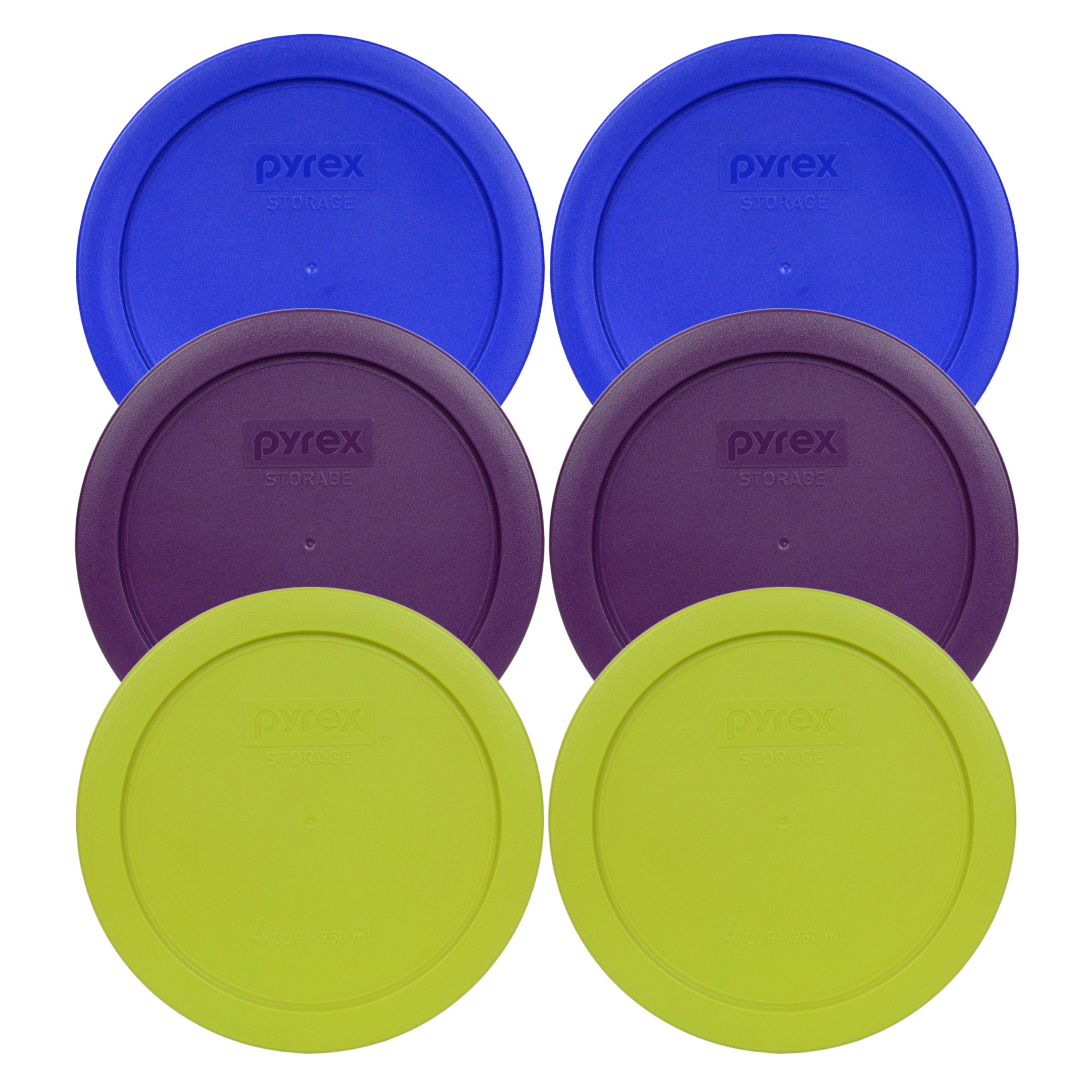 Pyrex 7201-PC 4 Cup (2) Cadet Blue, (2) Purple, & (2) Edamame Green Plastic Storage Lids, Made in USA