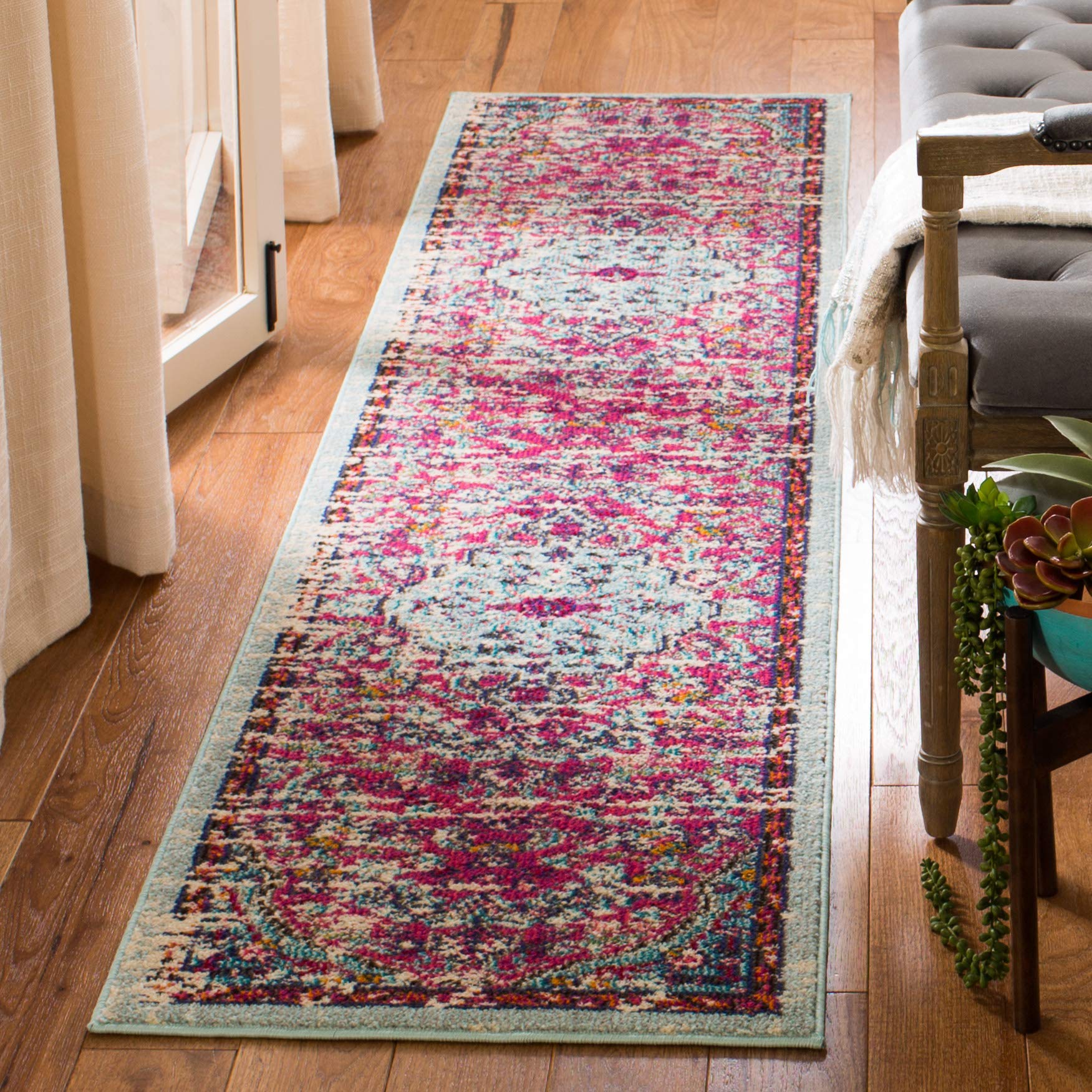 SAFAVIEH Madison Collection Runner Rug - 22 x 20, Fuchsia & Teal, Boho Chic Medallion Distressed Design, Non-Shedding & Easy C