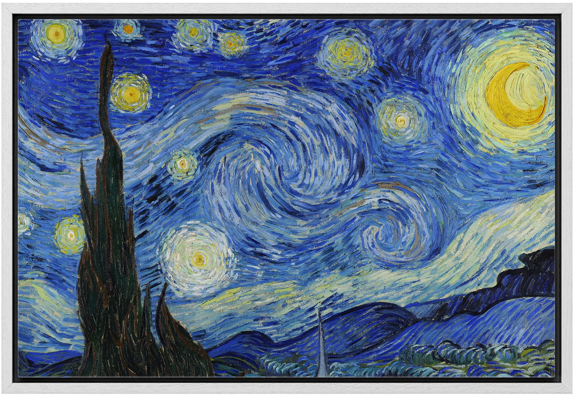 Wall26 - Starry Night By Vincent Van Gogh - Framed Canvas Art Wall Art - 16''X24'' White