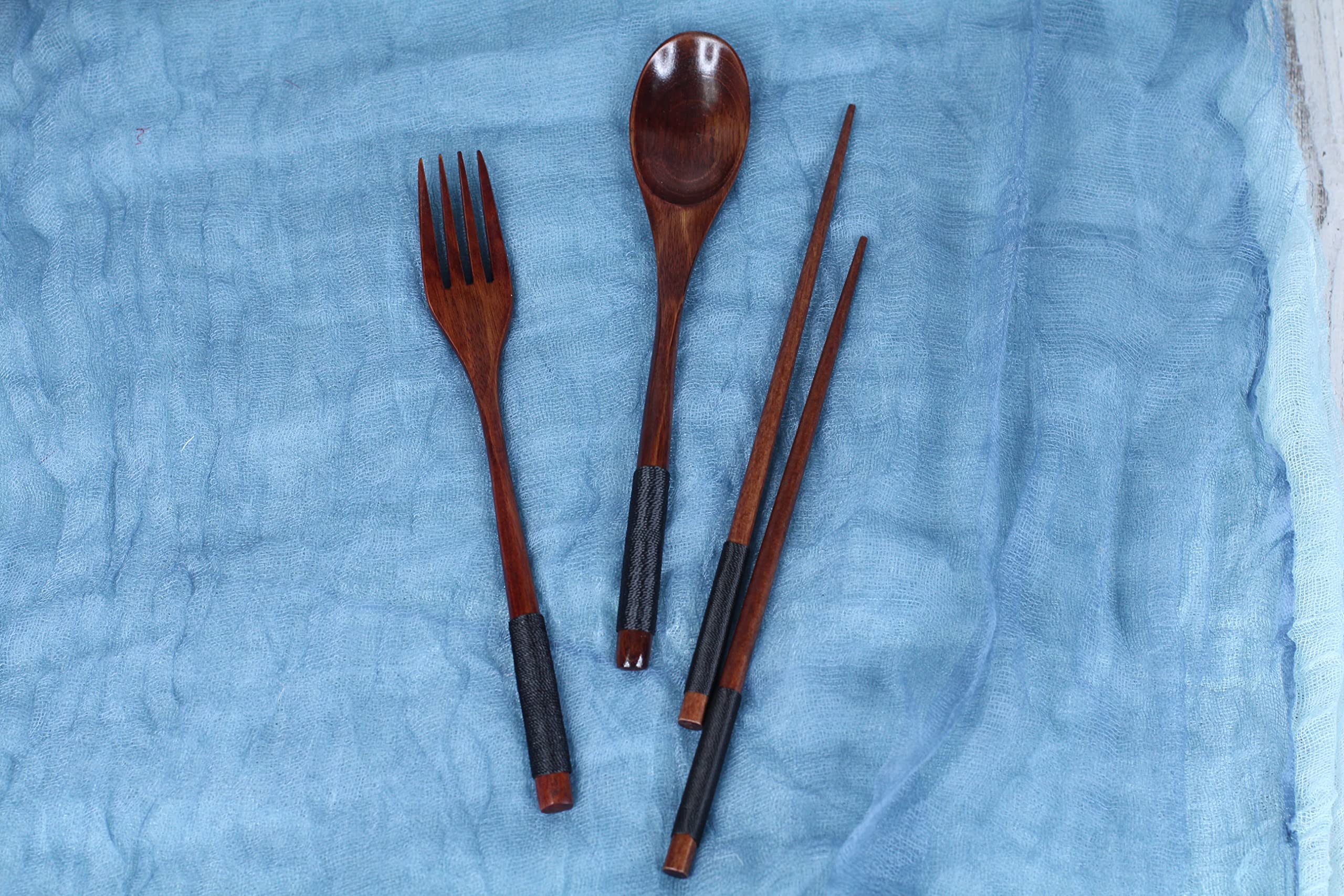 Printsupremacy 3-Piece Japanese Wooden Utensil Set Spoon Fork And Chopsticks With Floral Pouch, Foodie Travel Novelty Business,