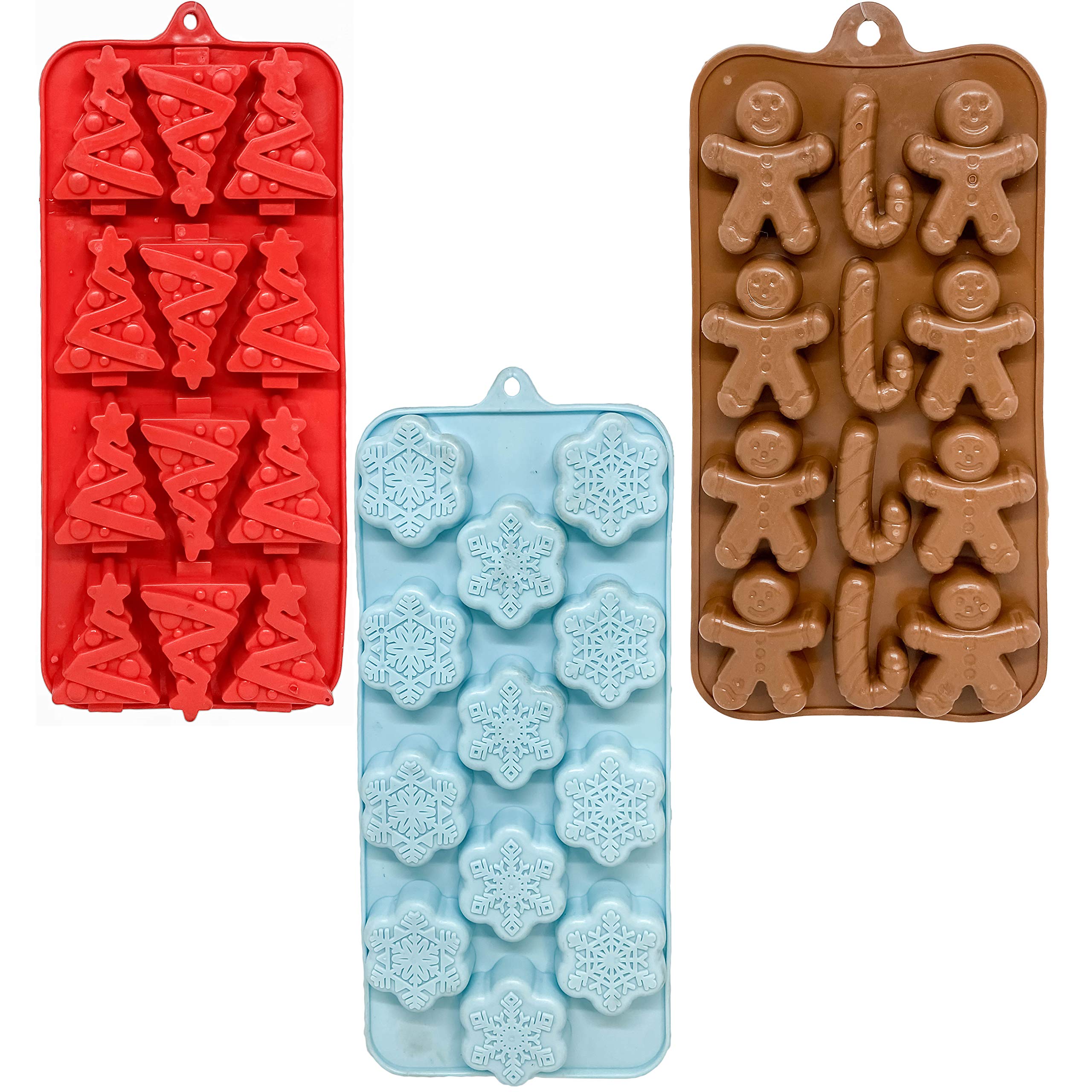 Set Of 3 Holiday Christmas Shaped Silicone Ice Cube Soap Making Trays/Molds - Gingerbread Men/Candy Canes, Snowflakes & Christma