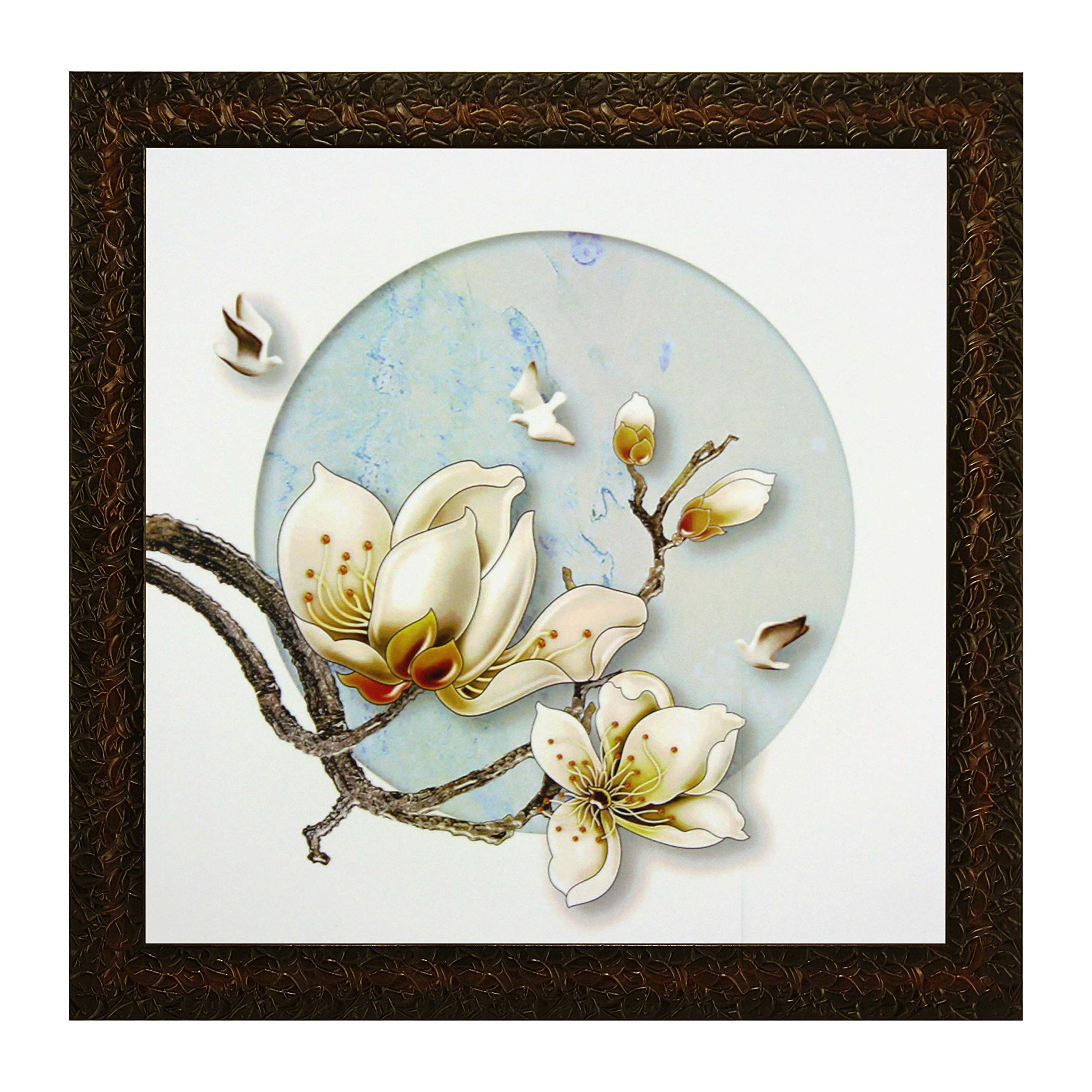 Indianara Set Of 3 White Birds On White Flowers Framed Wall Hanging Laminated Paintings Matt Art Prints 9 Inch X 9 Inch Each Wit