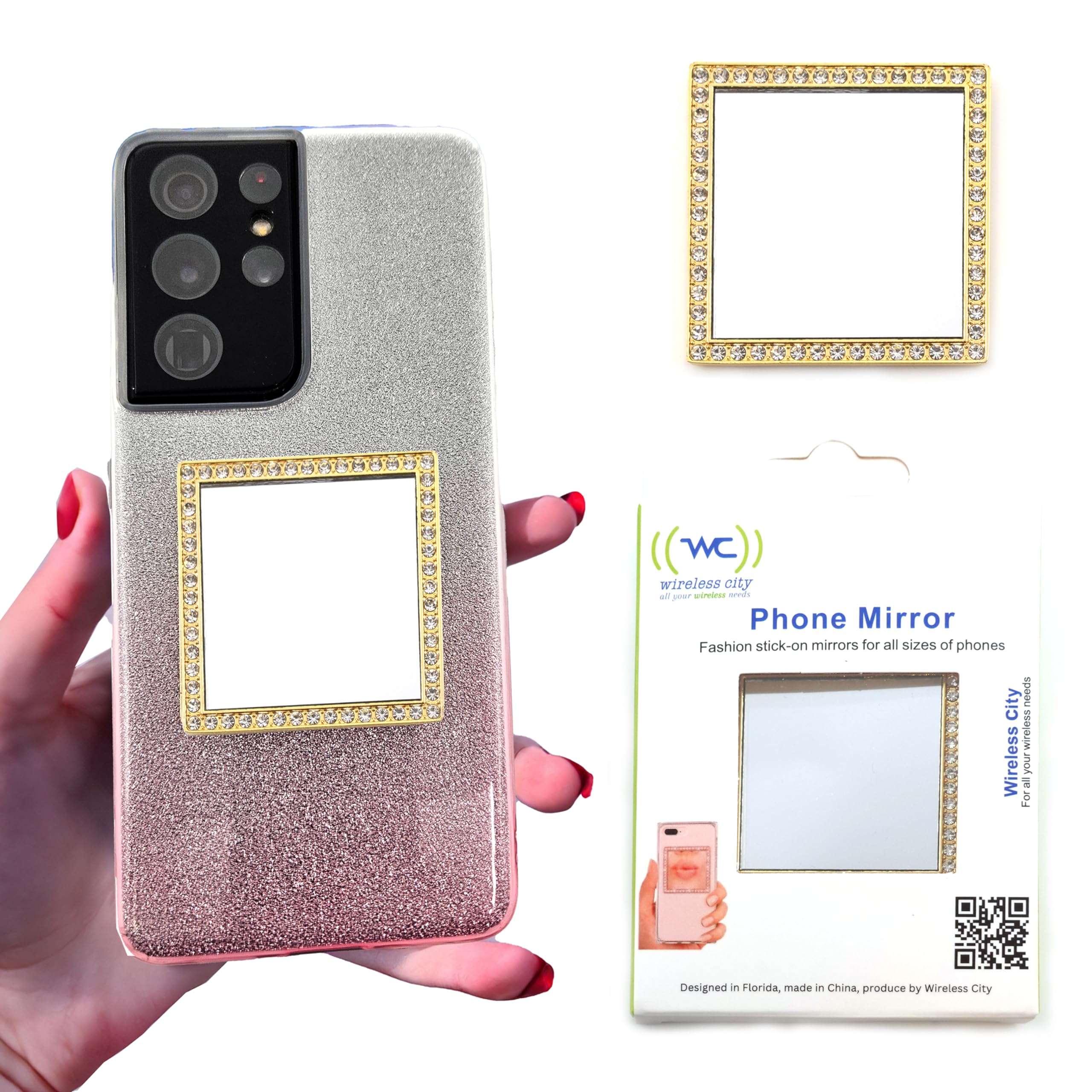 Wireless City Diamond Bling Makeup Mirror For Phone Case - Gold, Stick-On Vanity Mirror With Cubic Zirconia Stones, Universal Fi