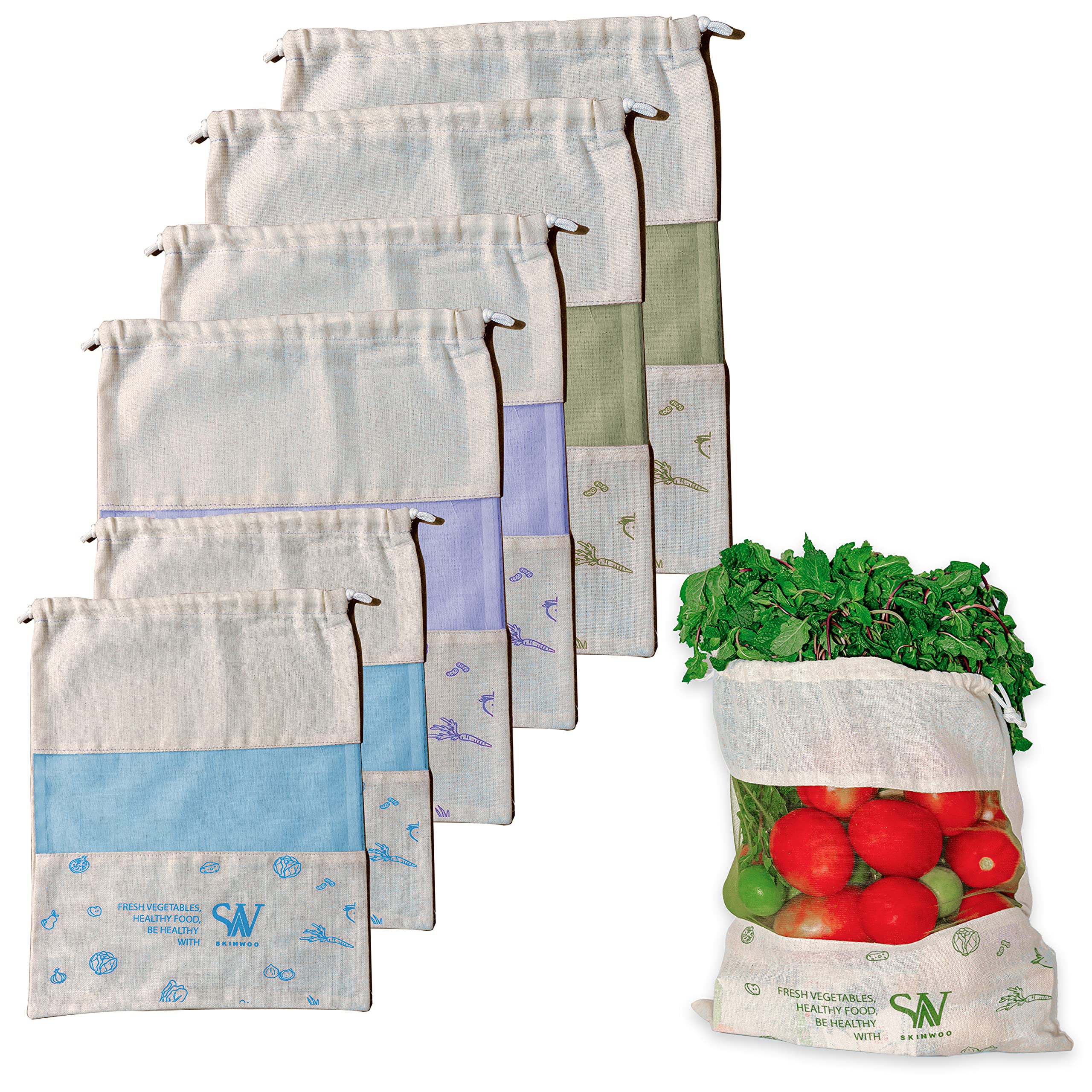 Skinwoo Set Of 6 Organic Cotton Reusable Vegetable Bag For Fridge, Eco Friendly Storage Bags, 11 X 13 Inch For Fruits, Vegetable