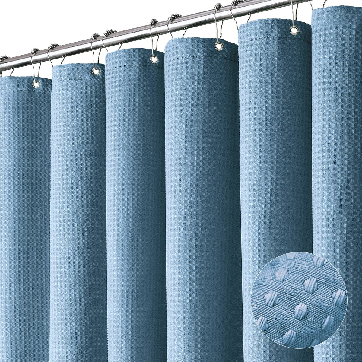 Dynamene Blue Fabric Shower Curtain - Waffle Weave Textured Heavy Duty Cloth Shower Curtains For Bathroom, 256Gsm Hotel Luxury W