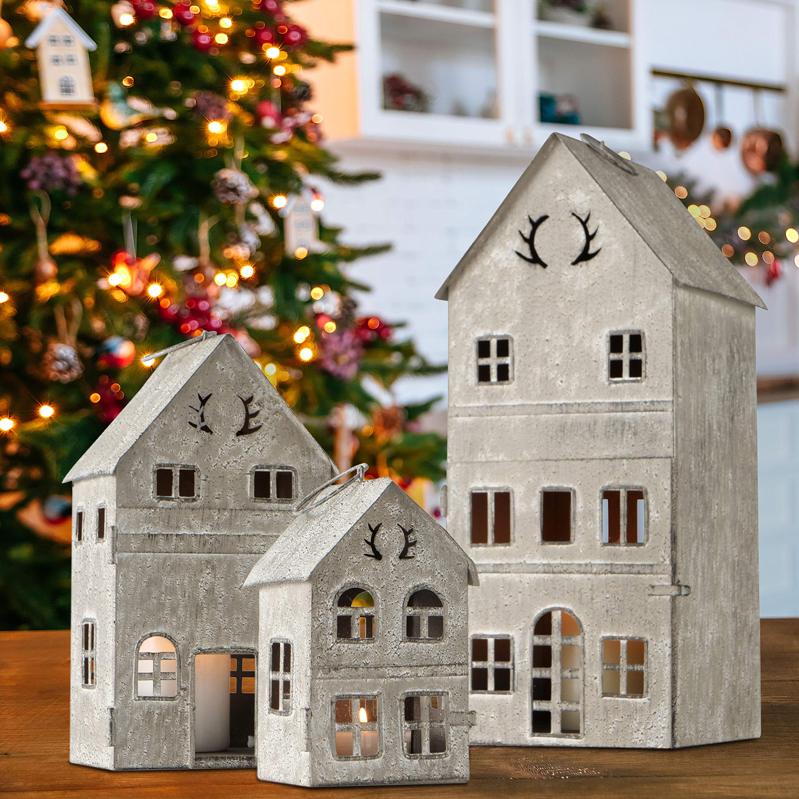 Main Street Town House Candle Lanterns, Set of 3, Vintage Style, Antler Details, Weathered White and Rustic Gray, Metal, Hinged