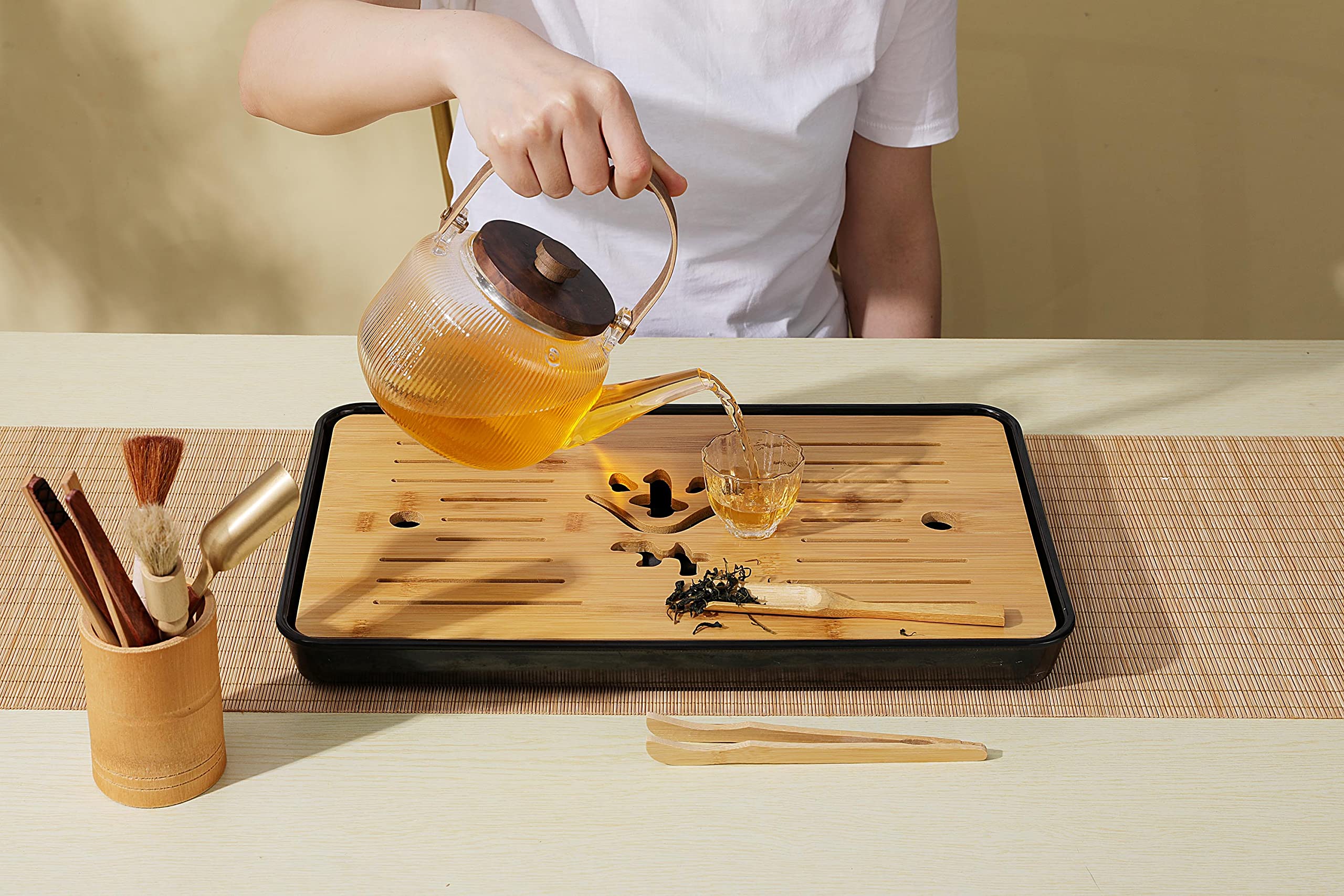 Mose Cafolo Bamboo Furniture Gongfu Tea Tray Large Chinese Gongfu Tea Table Tray With Water Storage Tray Great Gift And For Home