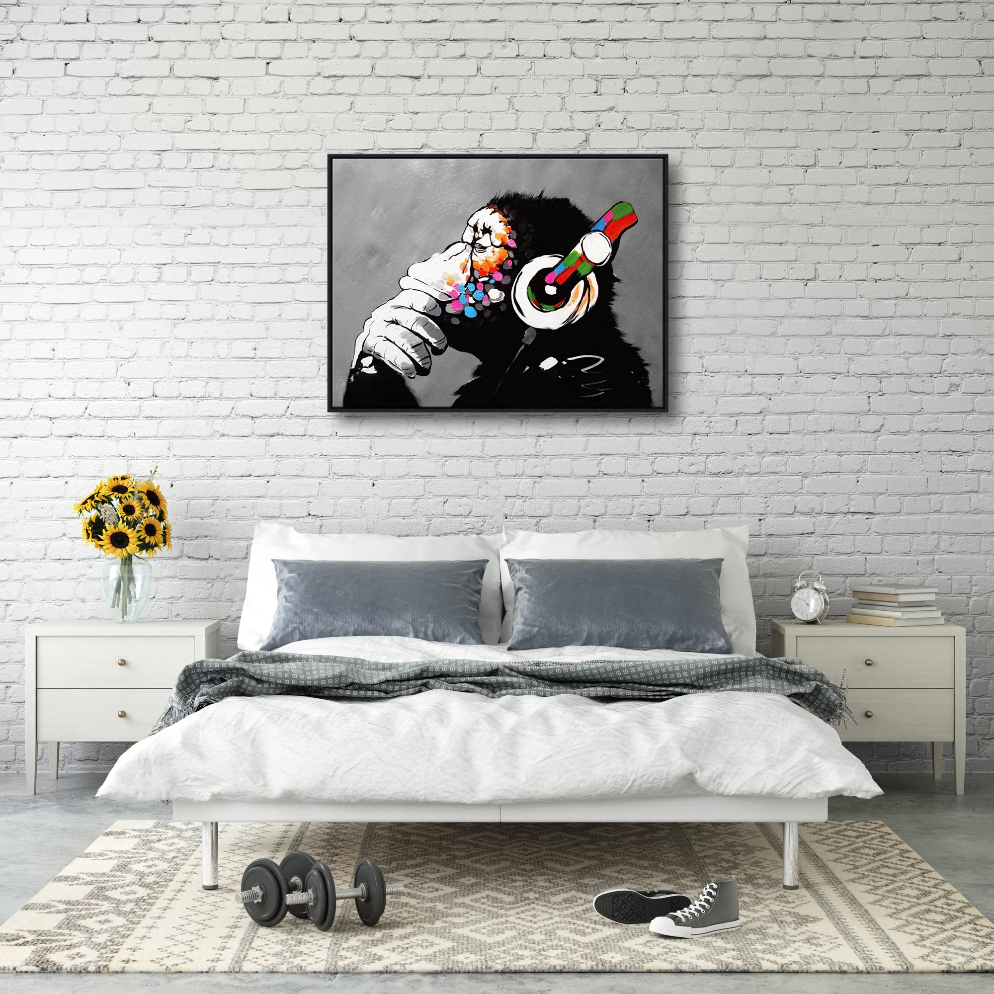 Wieco Art Large Black Framed Monkey With Headphones Banksy Graffiti Art Abstract Canvas Painting For Home Decor Canvas Wall Art