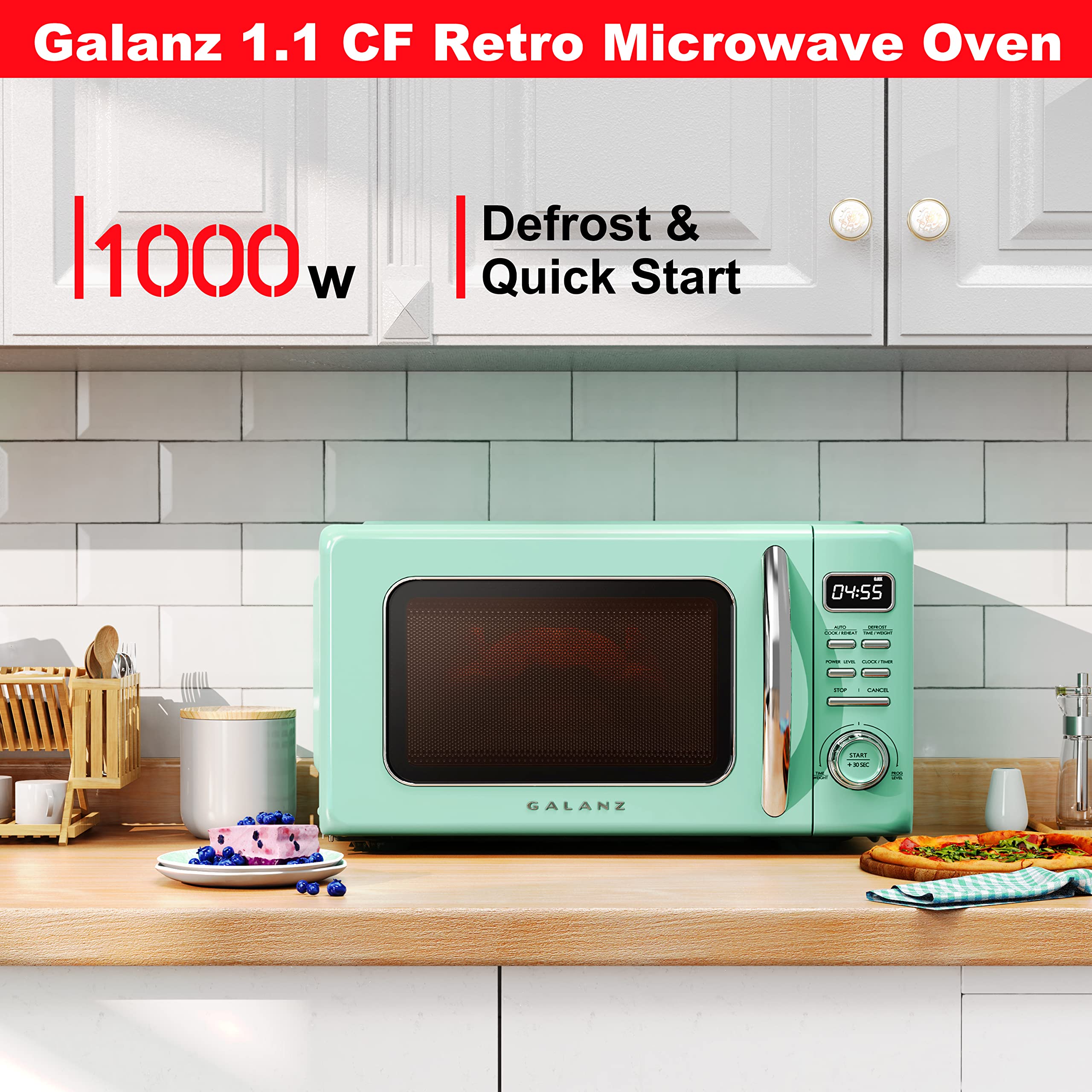 Galanz GLCMKZ11GNR10 Retro Countertop Microwave Oven with Auto Cook & Reheat, Defrost, Quick Start Functions, Easy Clean with Gl